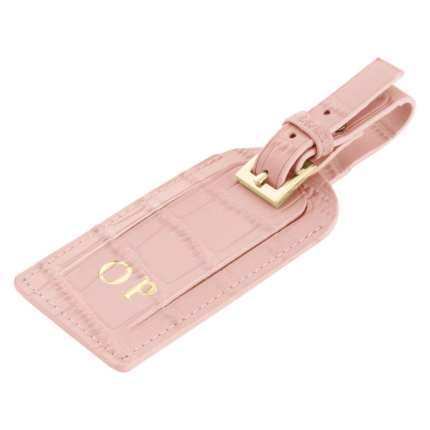 Personalised Pale Pink Croc Leather Luggage Tag Side Angle
