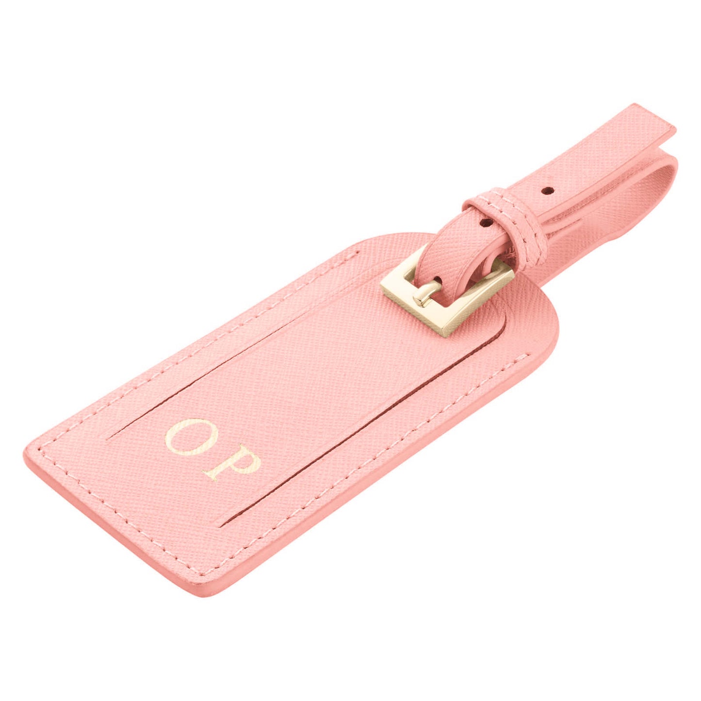 Personalised Pale Pink Saffiano Leather Luggage Tag Side Angle
