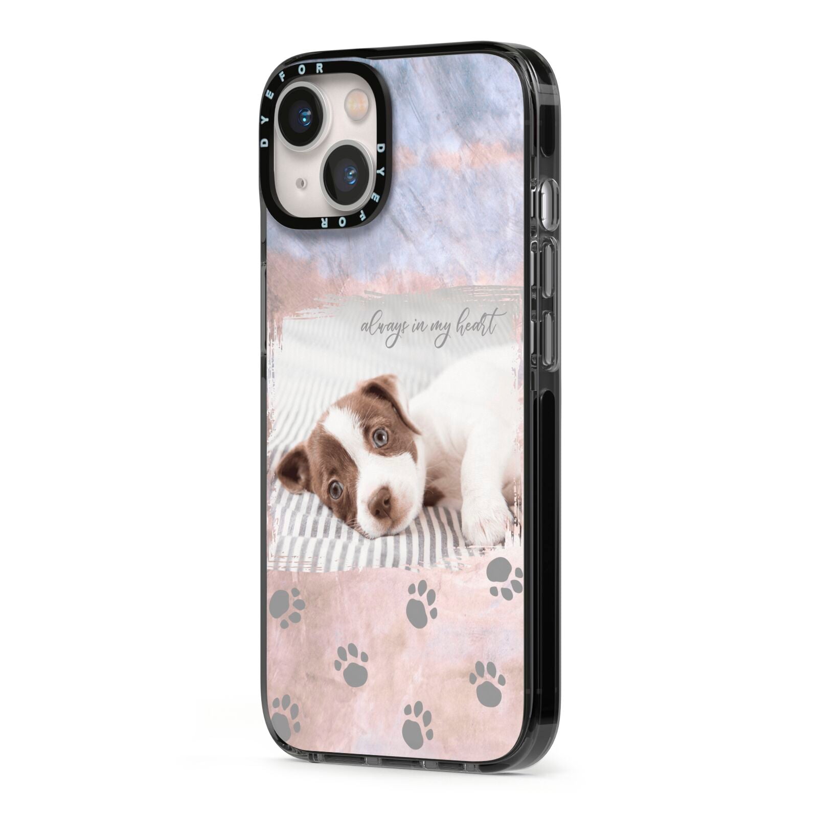 Pet Photo Personalised iPhone 13 Black Impact Case Side Angle on Silver phone