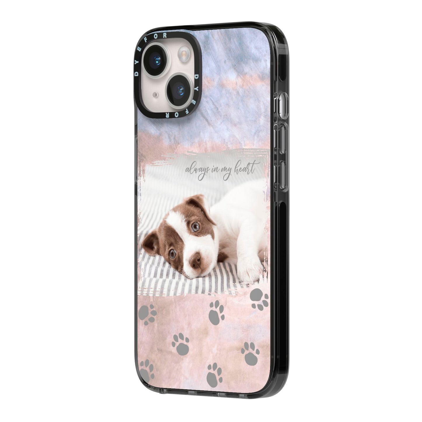 Pet Photo Personalised iPhone 14 Black Impact Case Side Angle on Silver phone