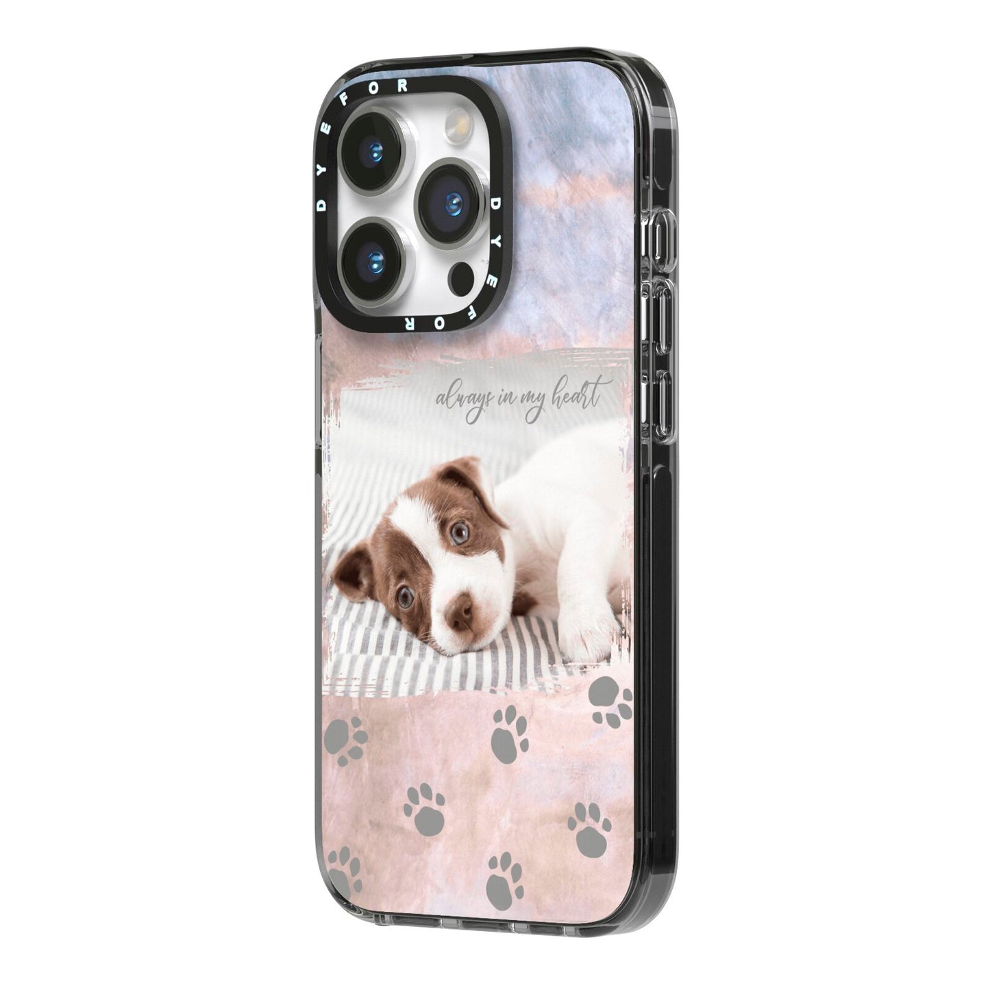 Pet Photo Personalised iPhone 14 Pro Black Impact Case Side Angle on Silver phone