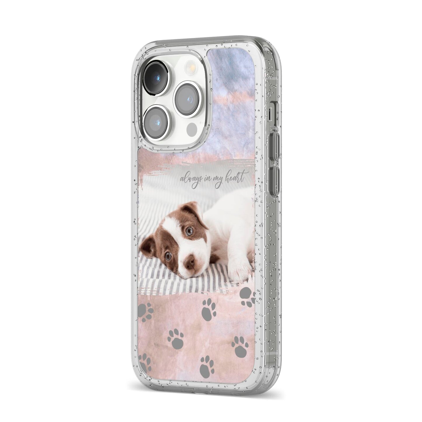 Pet Photo Personalised iPhone 14 Pro Glitter Tough Case Silver Angled Image