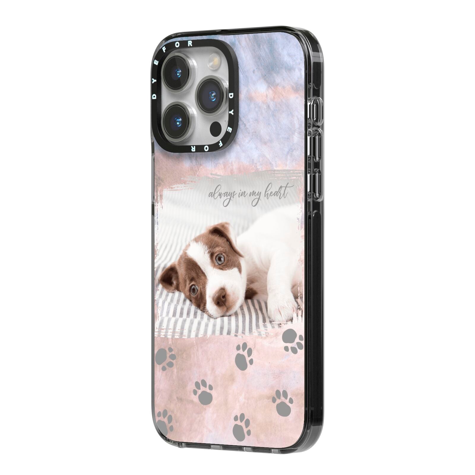 Pet Photo Personalised iPhone 14 Pro Max Black Impact Case Side Angle on Silver phone