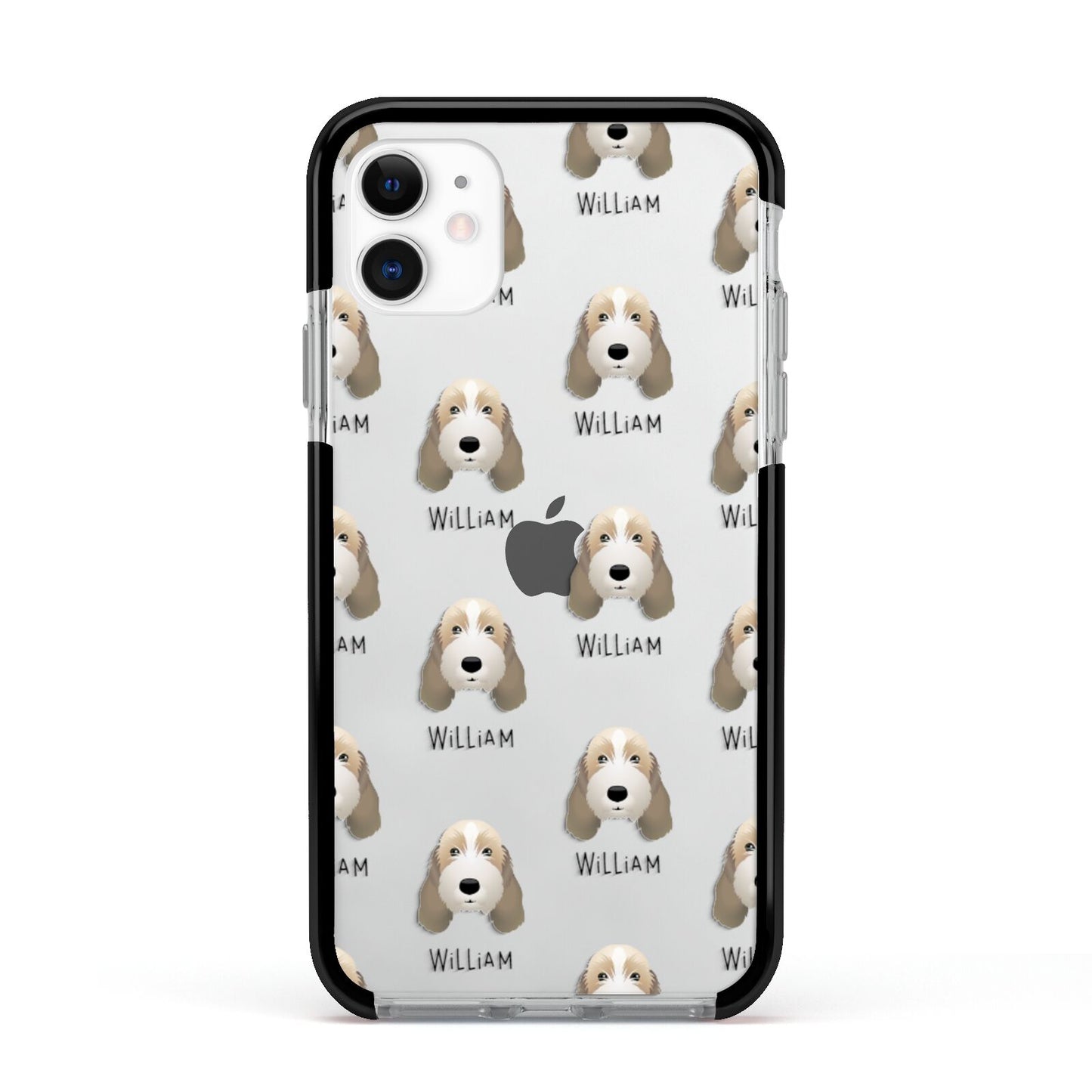 Petit Basset Griffon Vendeen Icon with Name Apple iPhone 11 in White with Black Impact Case