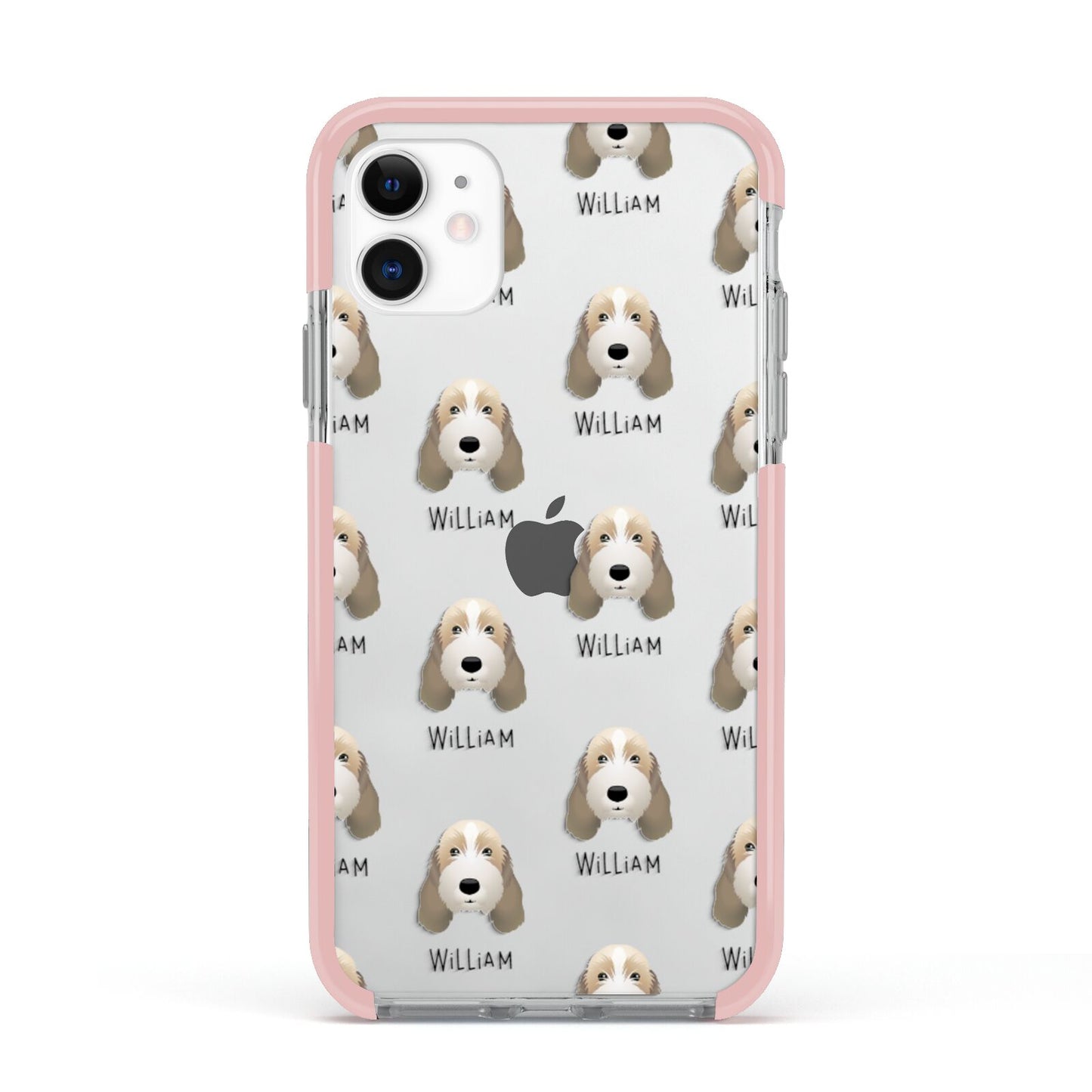 Petit Basset Griffon Vendeen Icon with Name Apple iPhone 11 in White with Pink Impact Case
