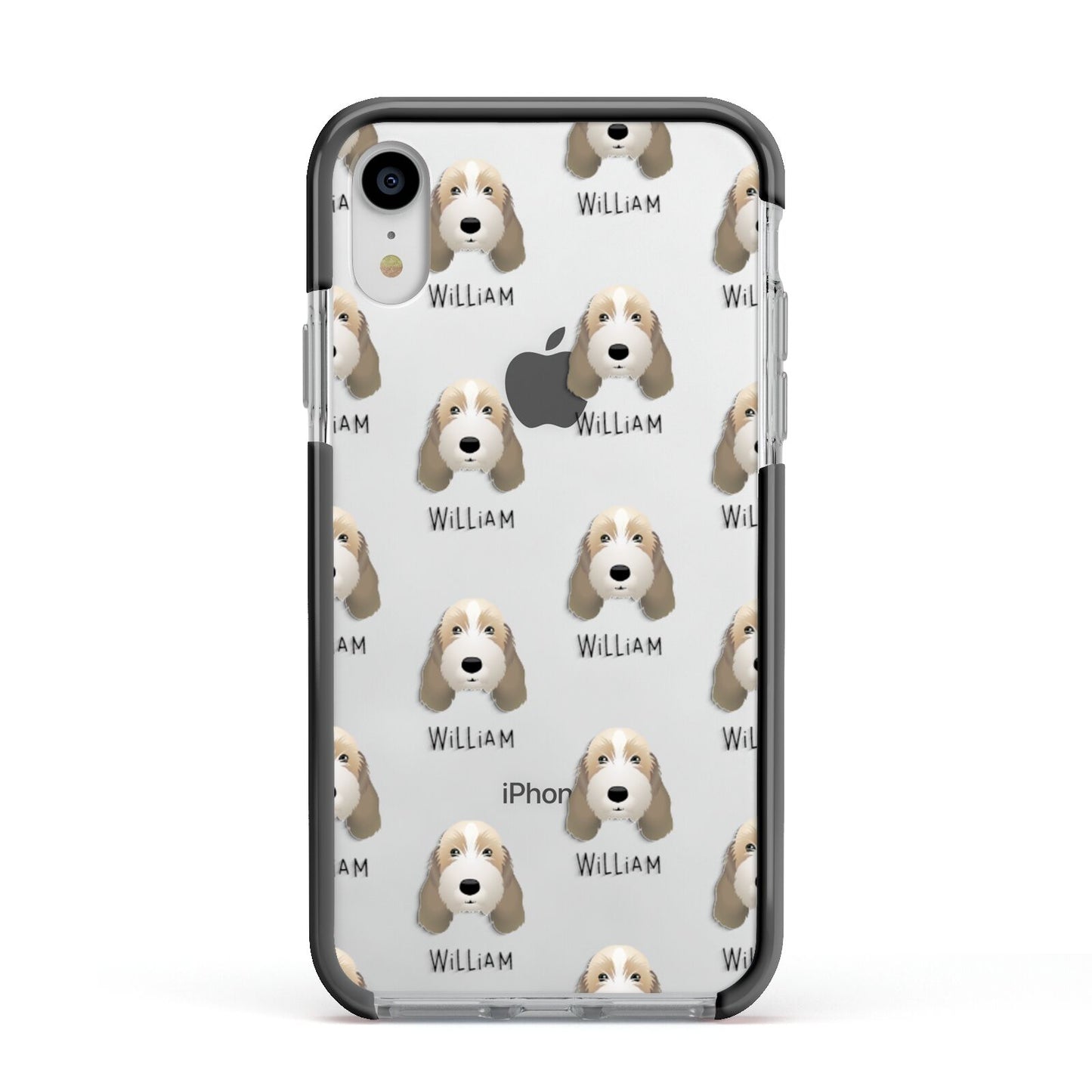 Petit Basset Griffon Vendeen Icon with Name Apple iPhone XR Impact Case Black Edge on Silver Phone