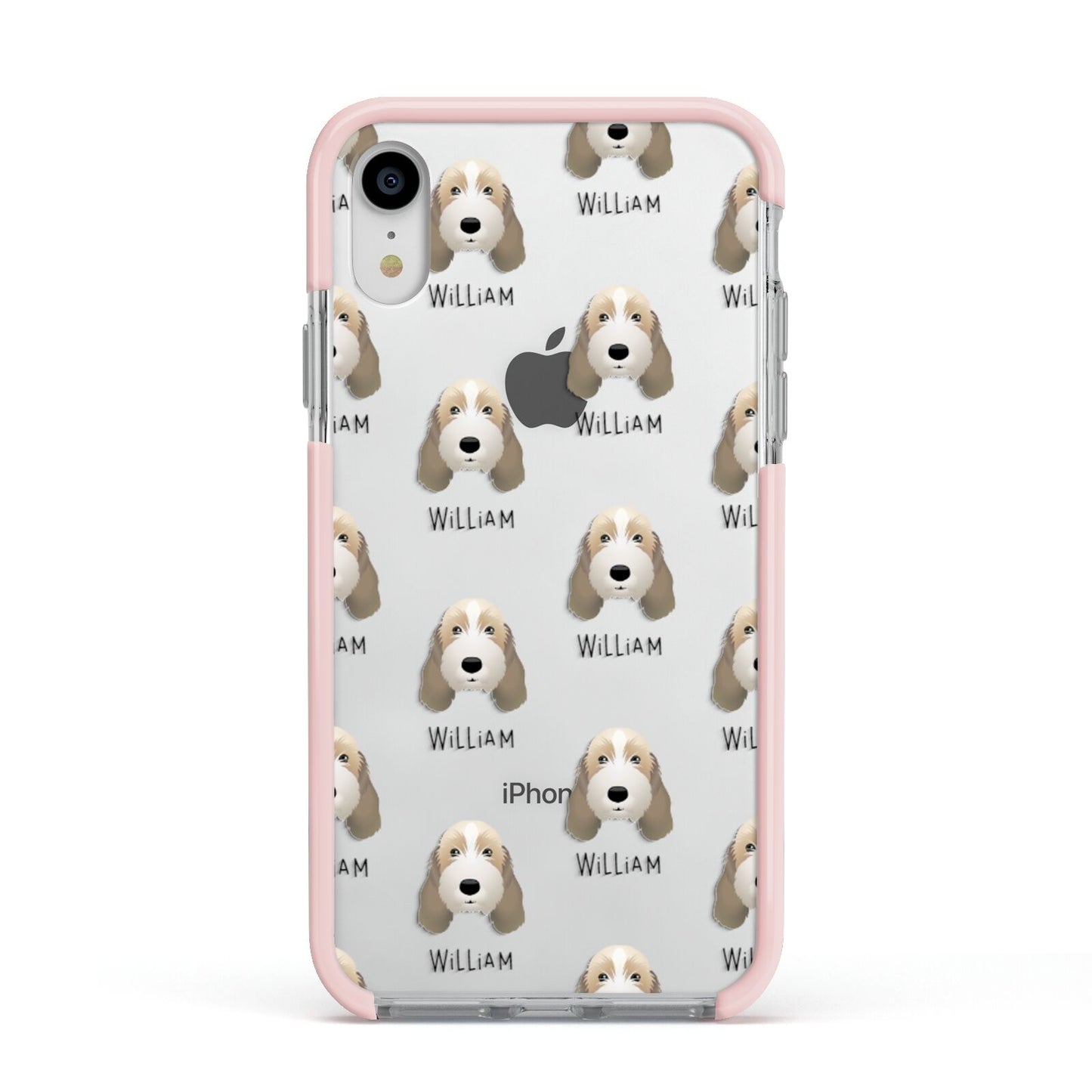 Petit Basset Griffon Vendeen Icon with Name Apple iPhone XR Impact Case Pink Edge on Silver Phone