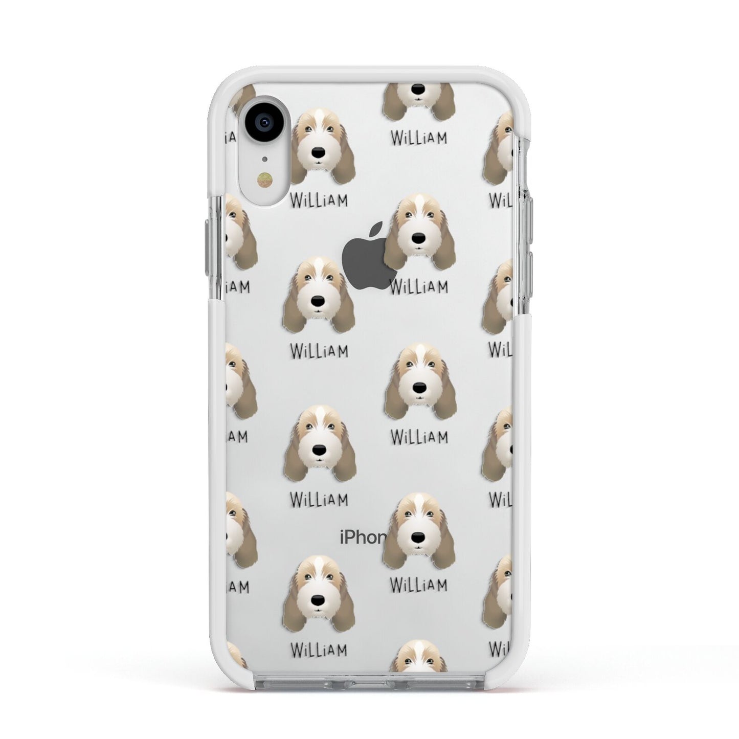 Petit Basset Griffon Vendeen Icon with Name Apple iPhone XR Impact Case White Edge on Silver Phone