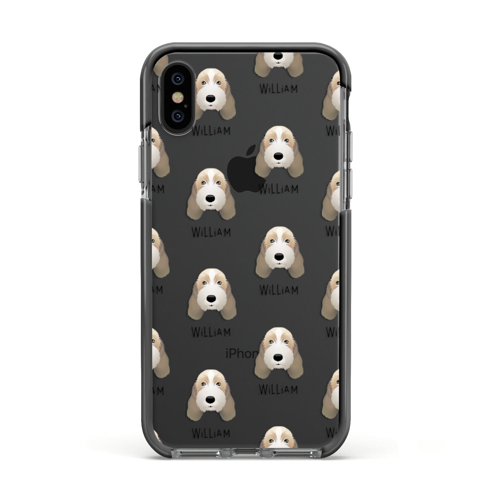 Petit Basset Griffon Vendeen Icon with Name Apple iPhone Xs Impact Case Black Edge on Black Phone