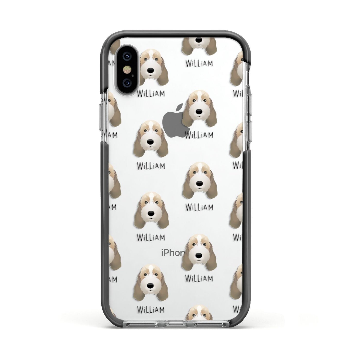 Petit Basset Griffon Vendeen Icon with Name Apple iPhone Xs Impact Case Black Edge on Silver Phone