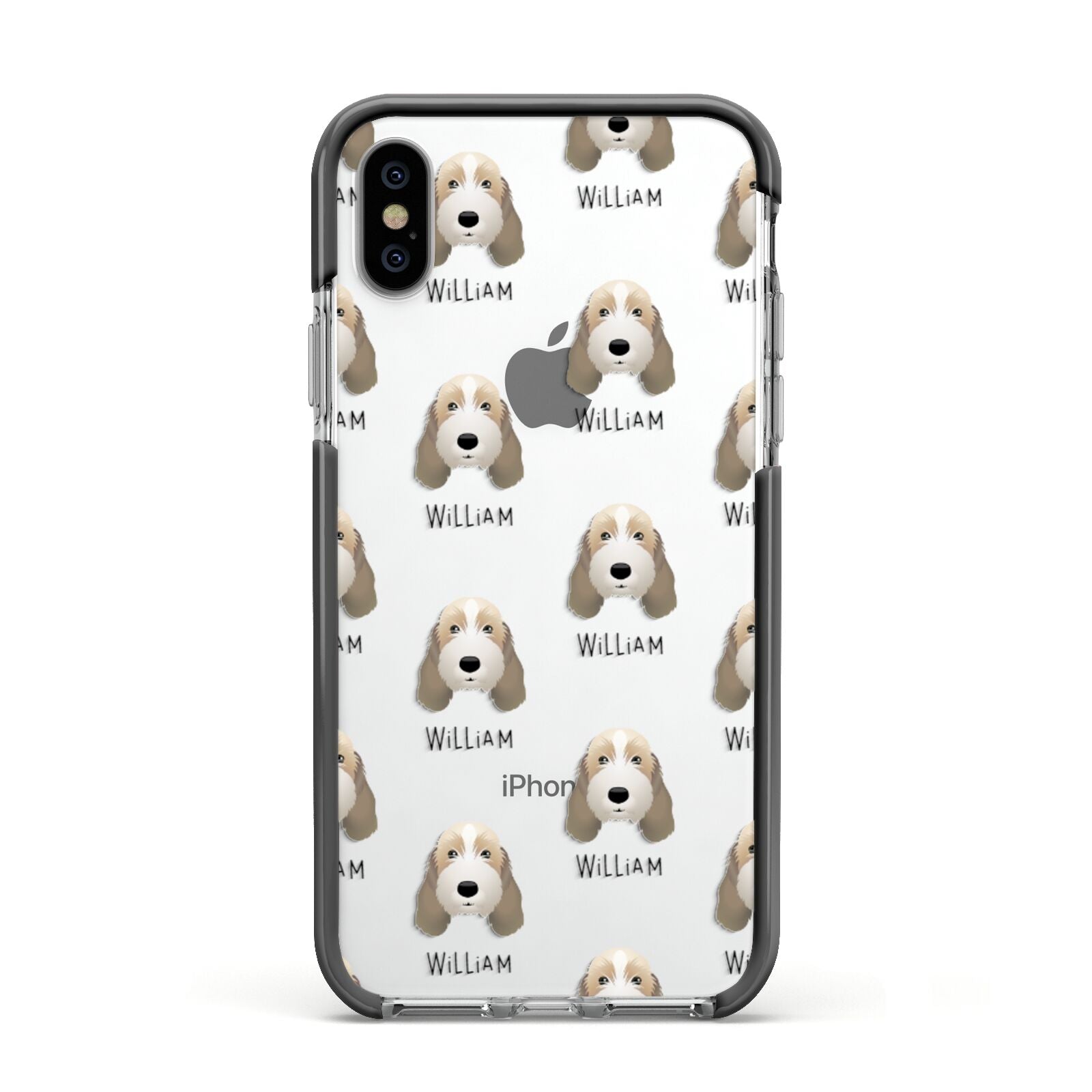 Petit Basset Griffon Vendeen Icon with Name Apple iPhone Xs Impact Case Black Edge on Silver Phone