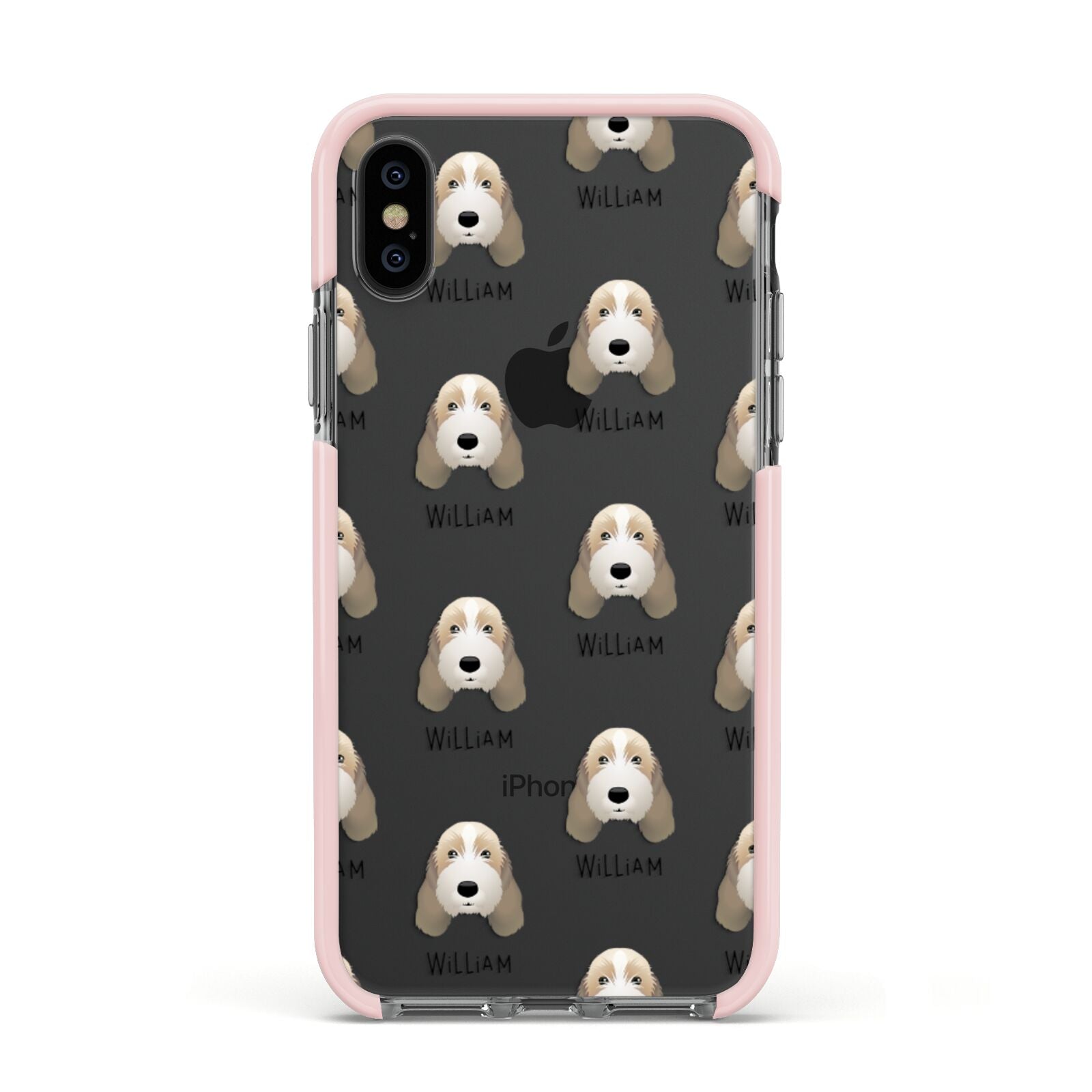 Petit Basset Griffon Vendeen Icon with Name Apple iPhone Xs Impact Case Pink Edge on Black Phone