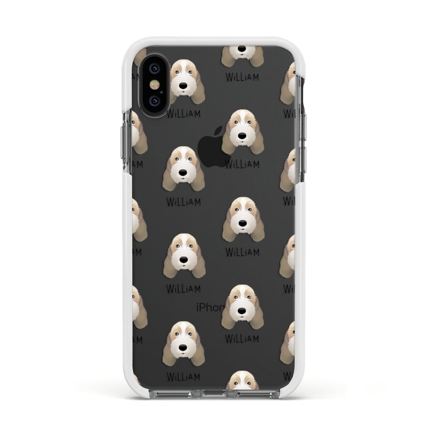 Petit Basset Griffon Vendeen Icon with Name Apple iPhone Xs Impact Case White Edge on Black Phone