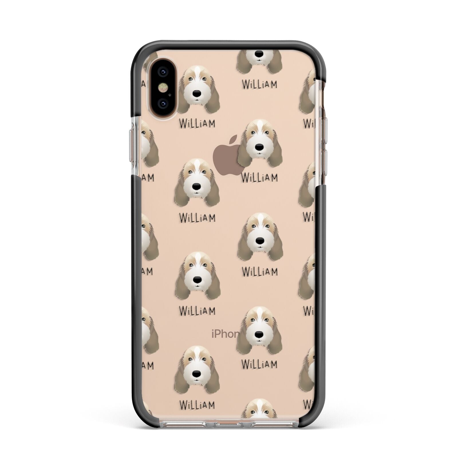 Petit Basset Griffon Vendeen Icon with Name Apple iPhone Xs Max Impact Case Black Edge on Gold Phone