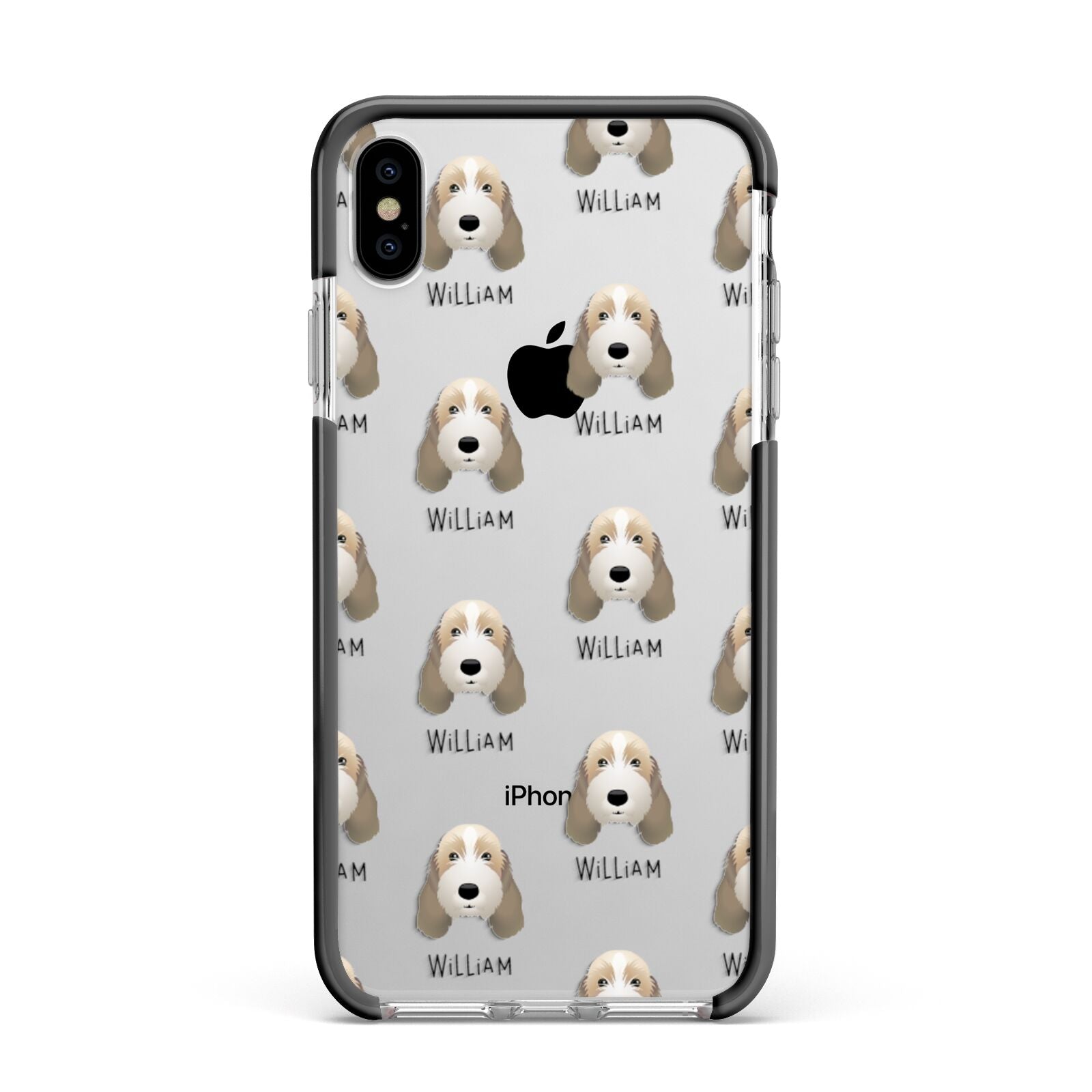 Petit Basset Griffon Vendeen Icon with Name Apple iPhone Xs Max Impact Case Black Edge on Silver Phone