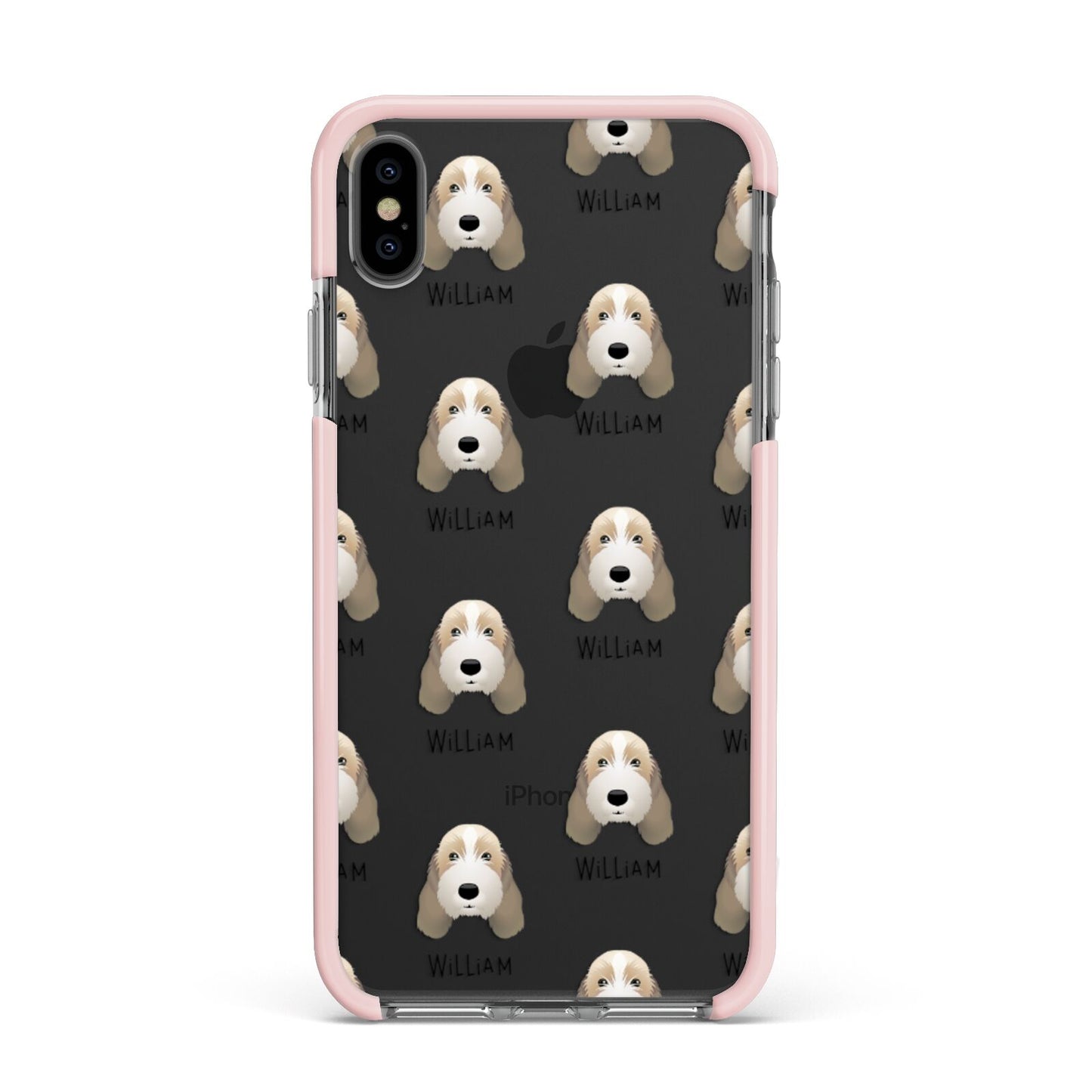Petit Basset Griffon Vendeen Icon with Name Apple iPhone Xs Max Impact Case Pink Edge on Black Phone