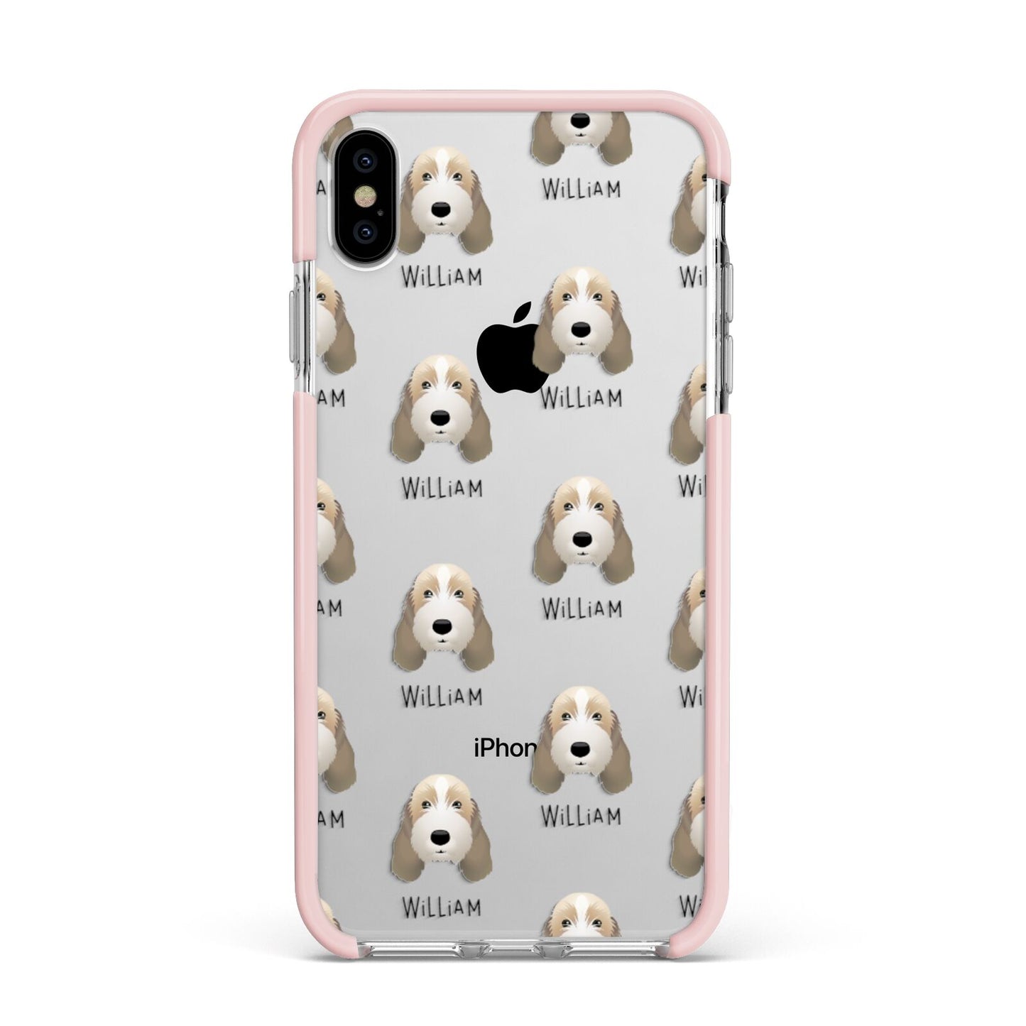 Petit Basset Griffon Vendeen Icon with Name Apple iPhone Xs Max Impact Case Pink Edge on Silver Phone