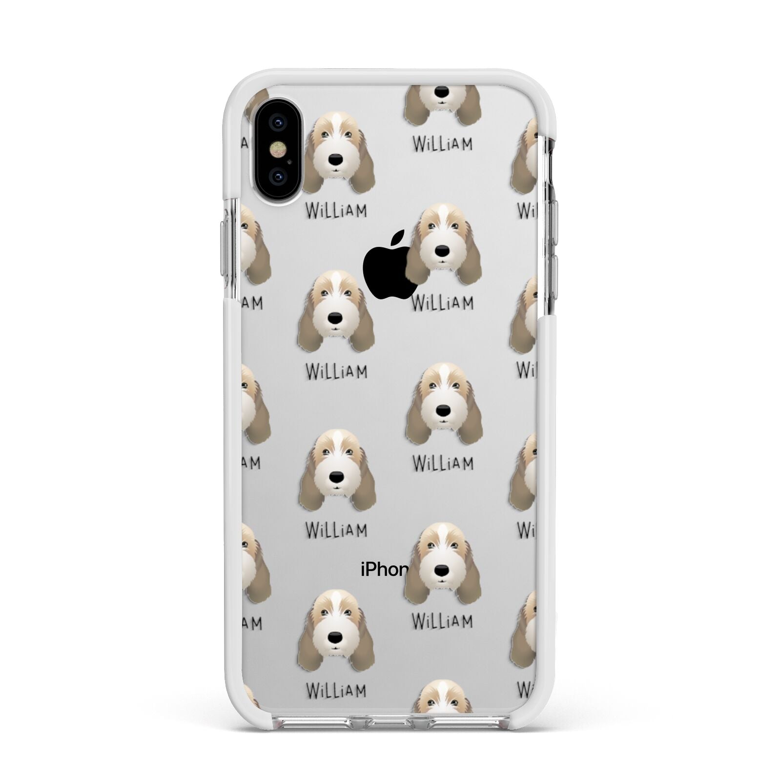 Petit Basset Griffon Vendeen Icon with Name Apple iPhone Xs Max Impact Case White Edge on Silver Phone