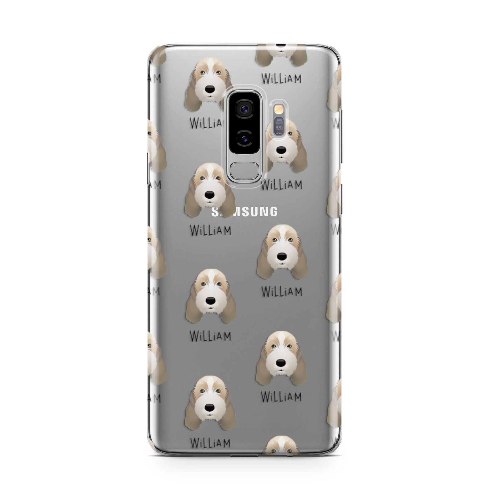 Petit Basset Griffon Vendeen Icon with Name Samsung Galaxy S9 Plus Case on Silver phone