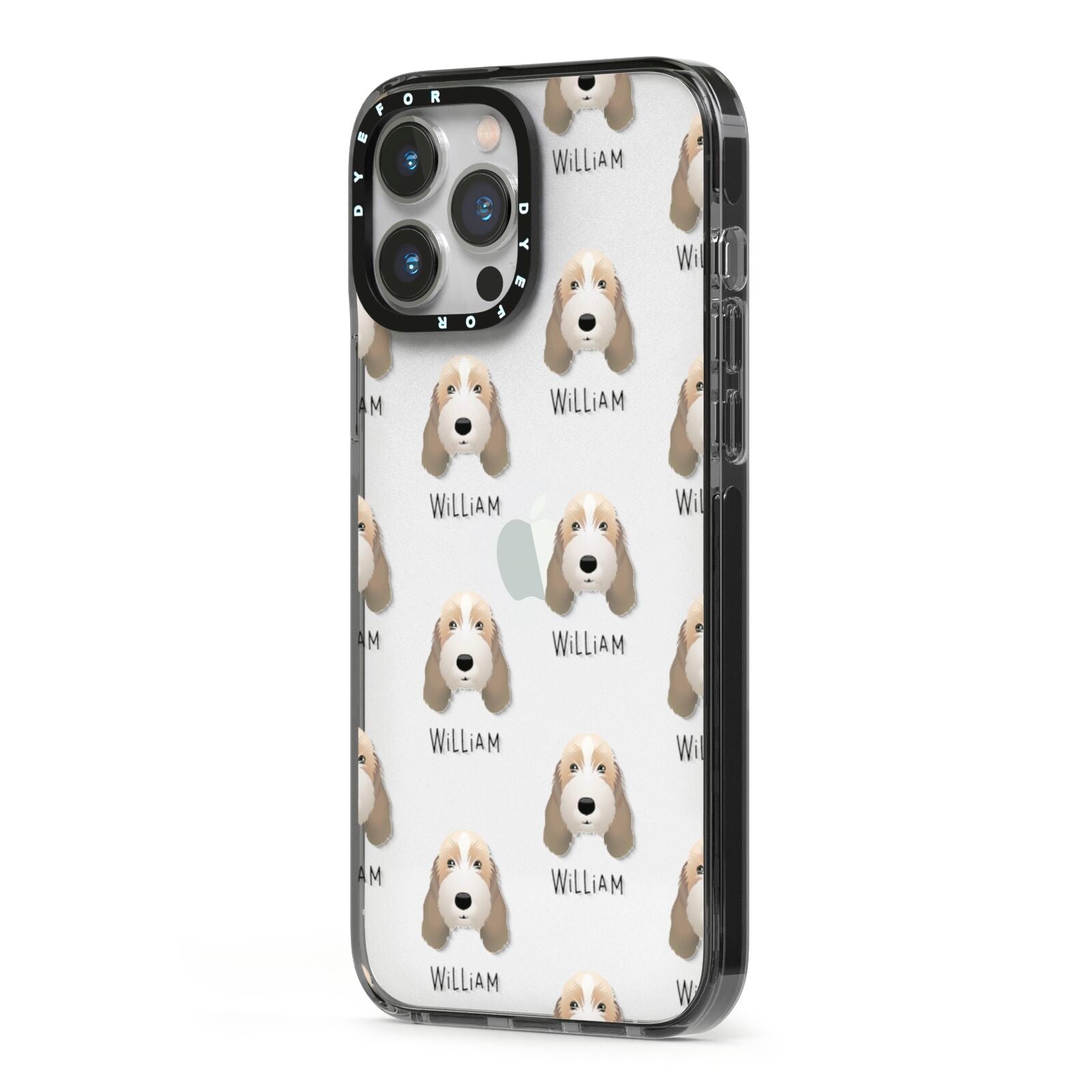 Petit Basset Griffon Vendeen Icon with Name iPhone 13 Pro Max Black Impact Case Side Angle on Silver phone