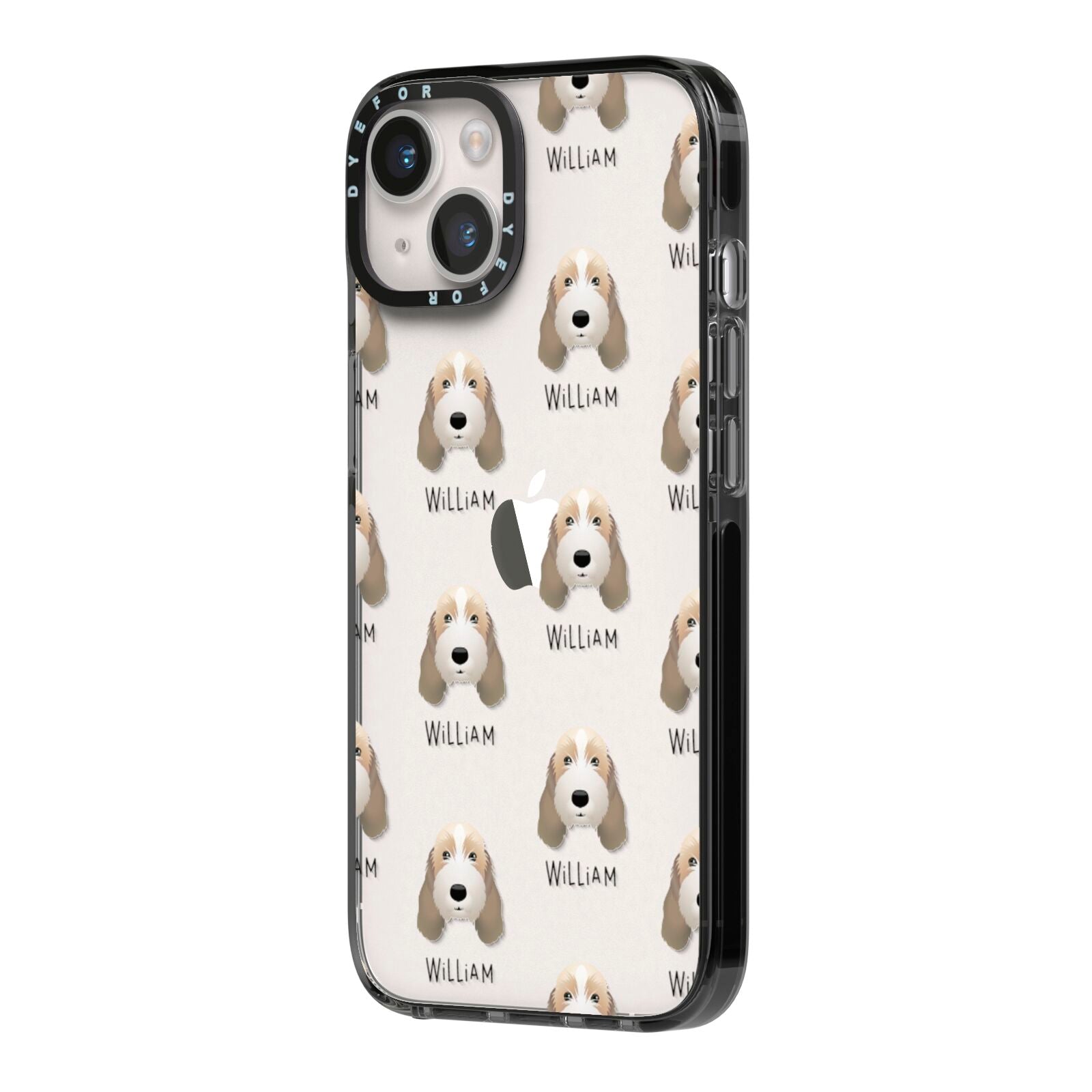 Petit Basset Griffon Vendeen Icon with Name iPhone 14 Black Impact Case Side Angle on Silver phone