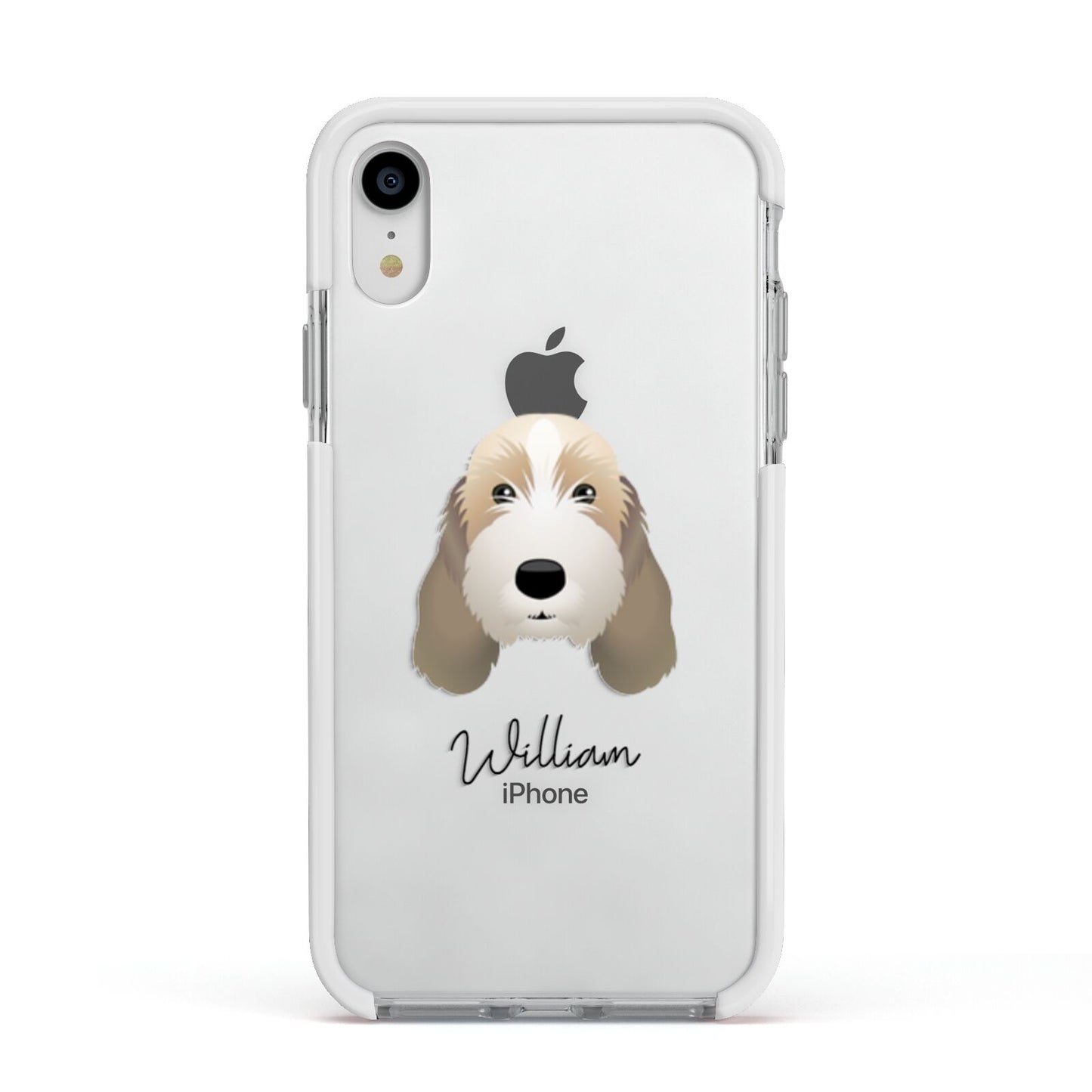 Petit Basset Griffon Vendeen Personalised Apple iPhone XR Impact Case White Edge on Silver Phone