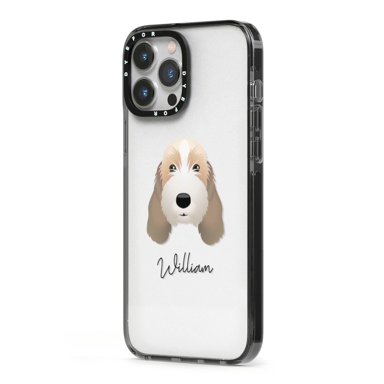 Petit Basset Griffon Vendeen Personalised iPhone 13 Pro Max Black Impact Case Side Angle on Silver phone