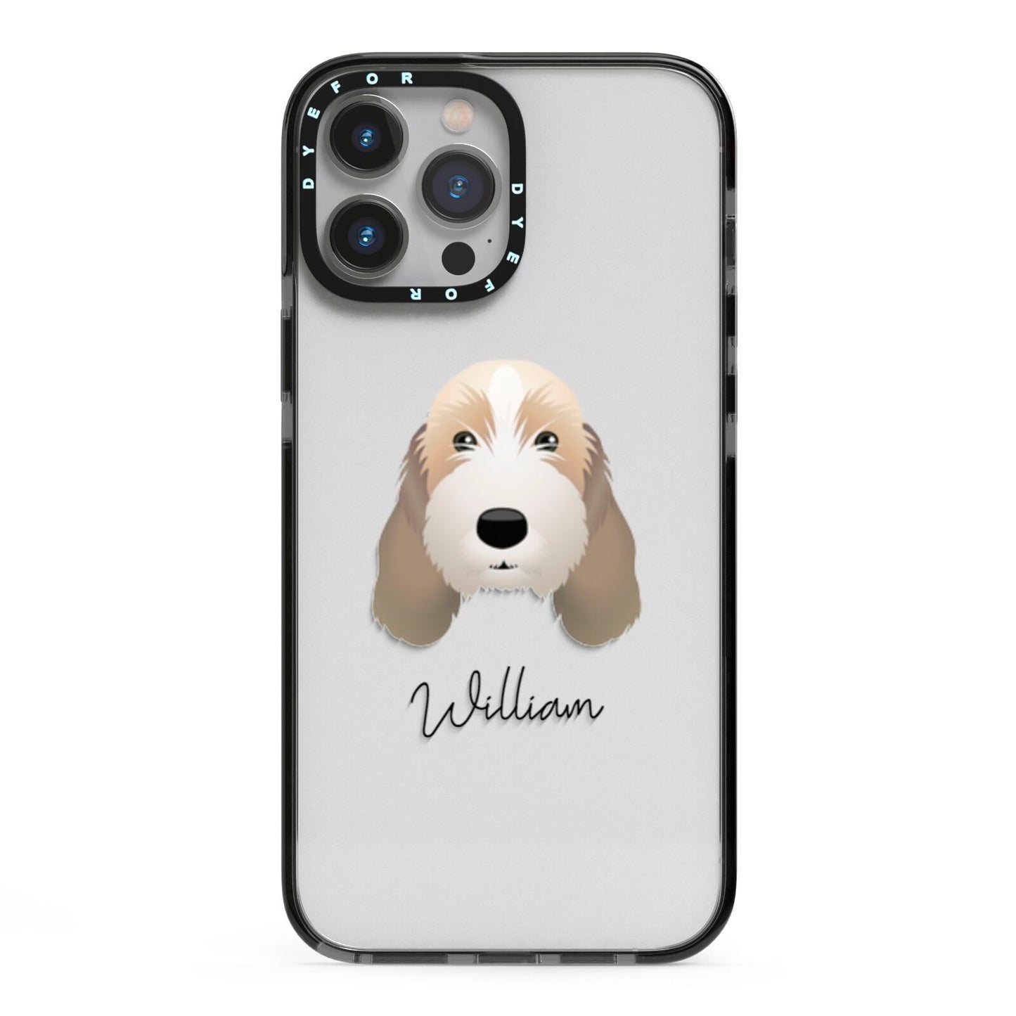 Petit Basset Griffon Vendeen Personalised iPhone 13 Pro Max Black Impact Case on Silver phone