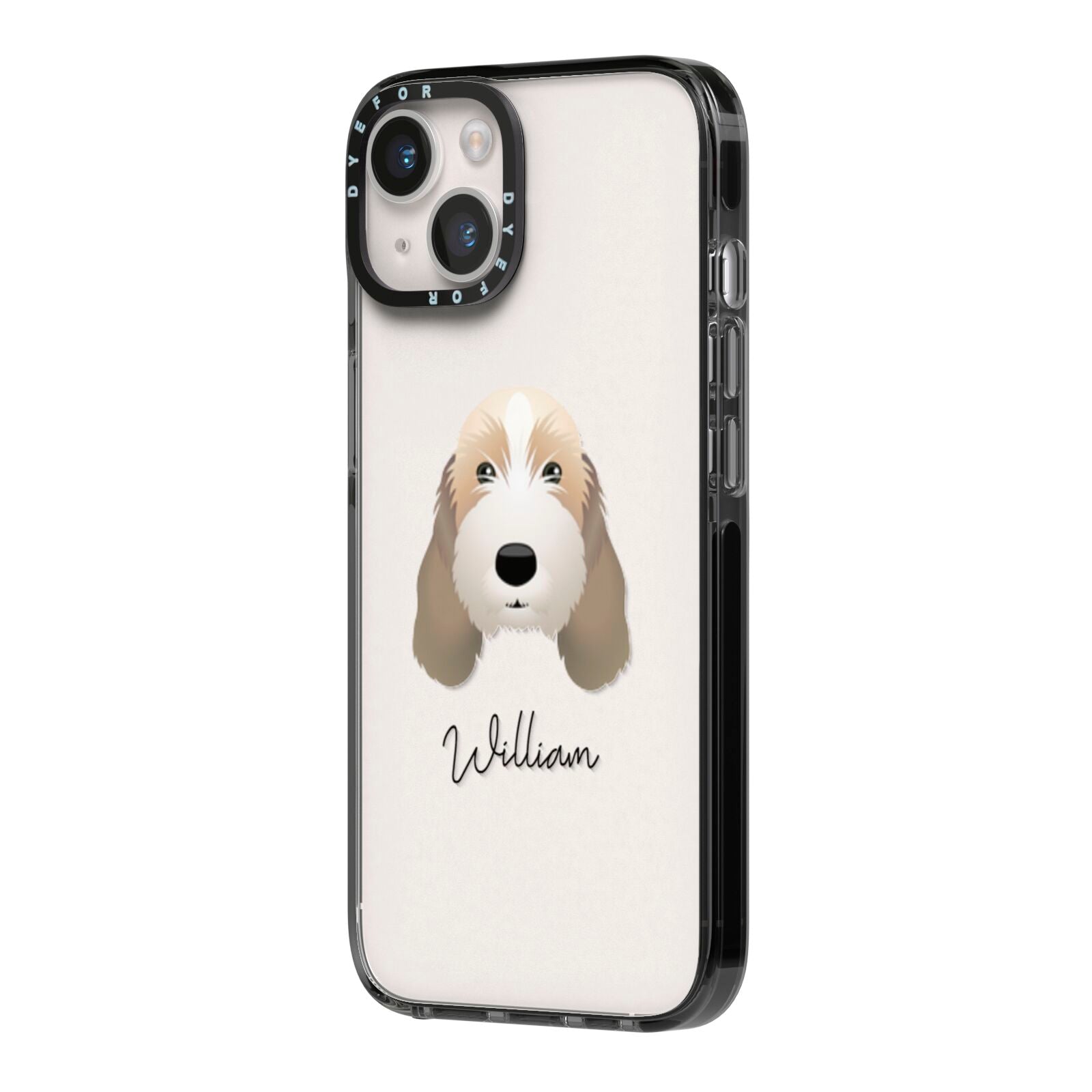 Petit Basset Griffon Vendeen Personalised iPhone 14 Black Impact Case Side Angle on Silver phone