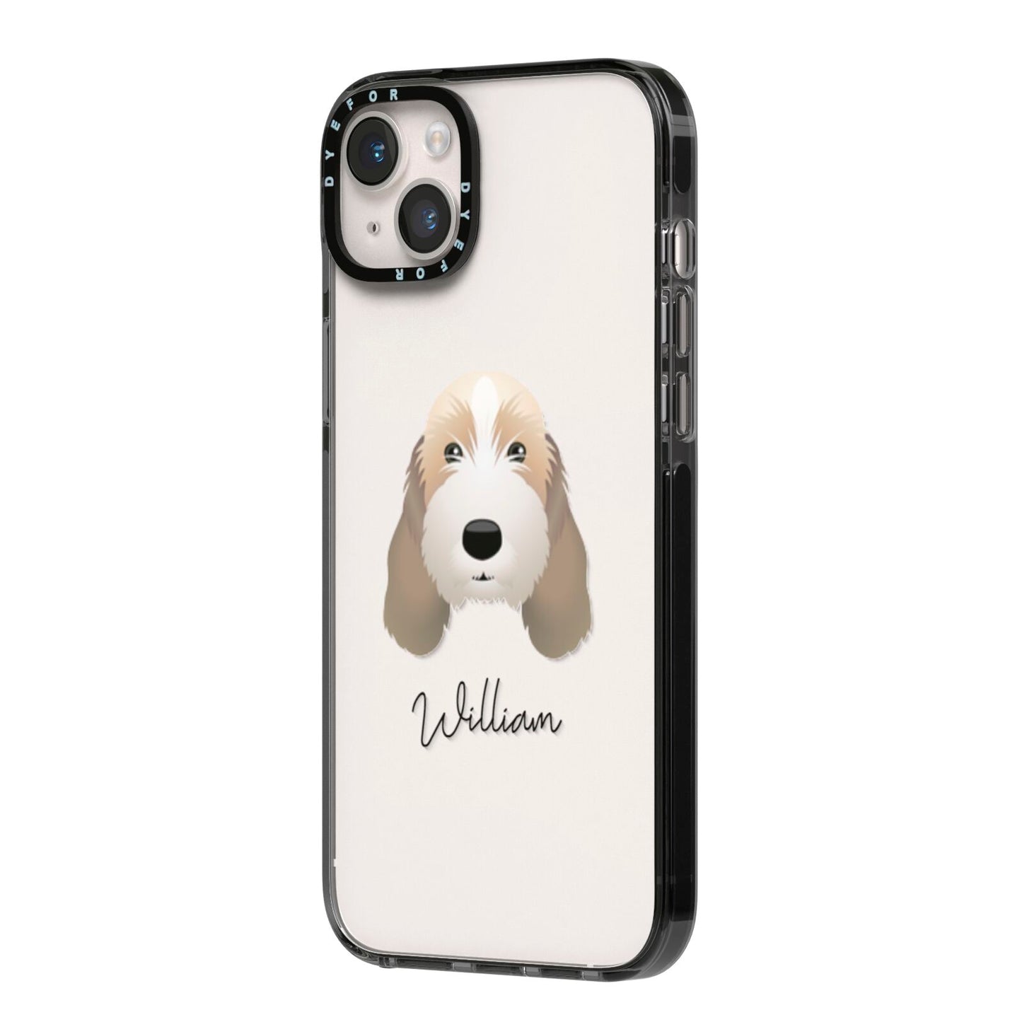 Petit Basset Griffon Vendeen Personalised iPhone 14 Plus Black Impact Case Side Angle on Silver phone