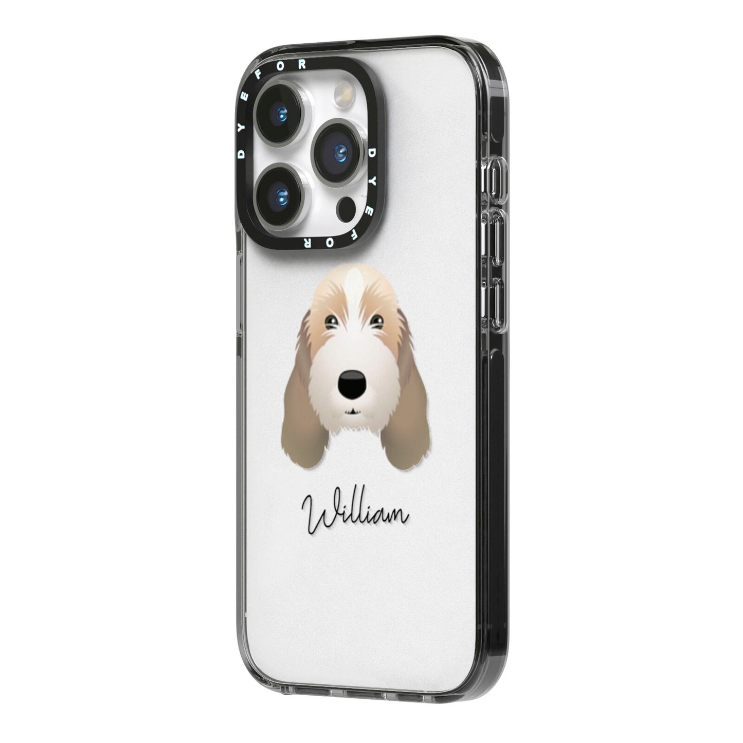 Petit Basset Griffon Vendeen Personalised iPhone 14 Pro Black Impact Case Side Angle on Silver phone
