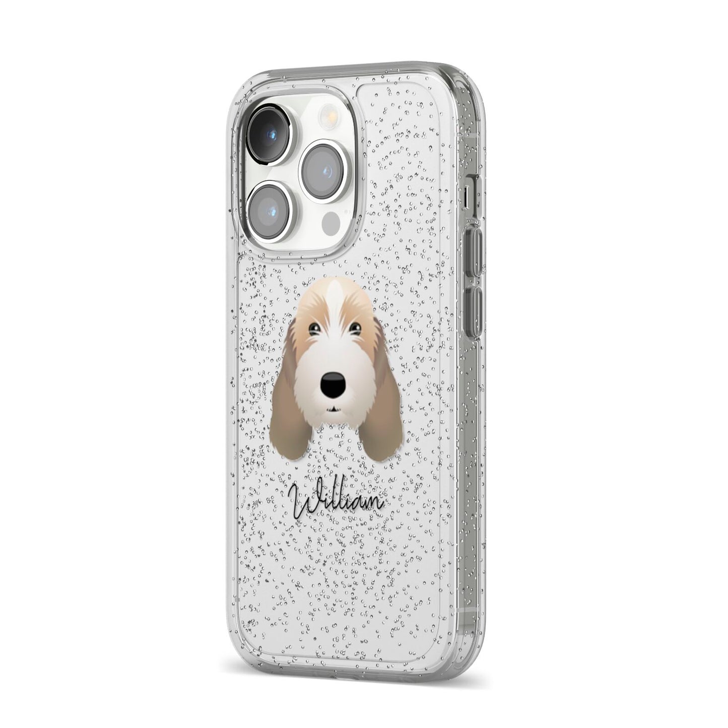 Petit Basset Griffon Vendeen Personalised iPhone 14 Pro Glitter Tough Case Silver Angled Image