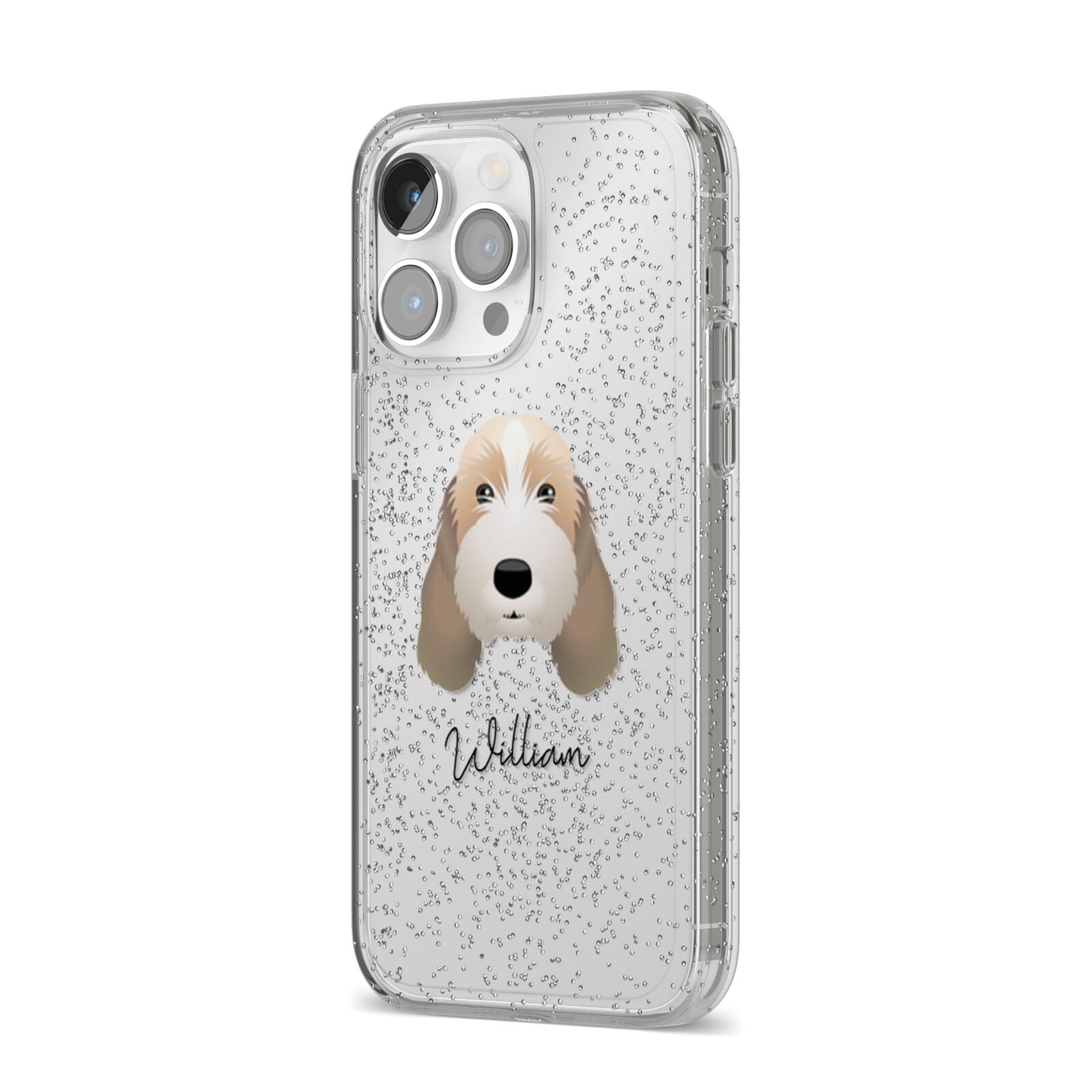 Petit Basset Griffon Vendeen Personalised iPhone 14 Pro Max Glitter Tough Case Silver Angled Image