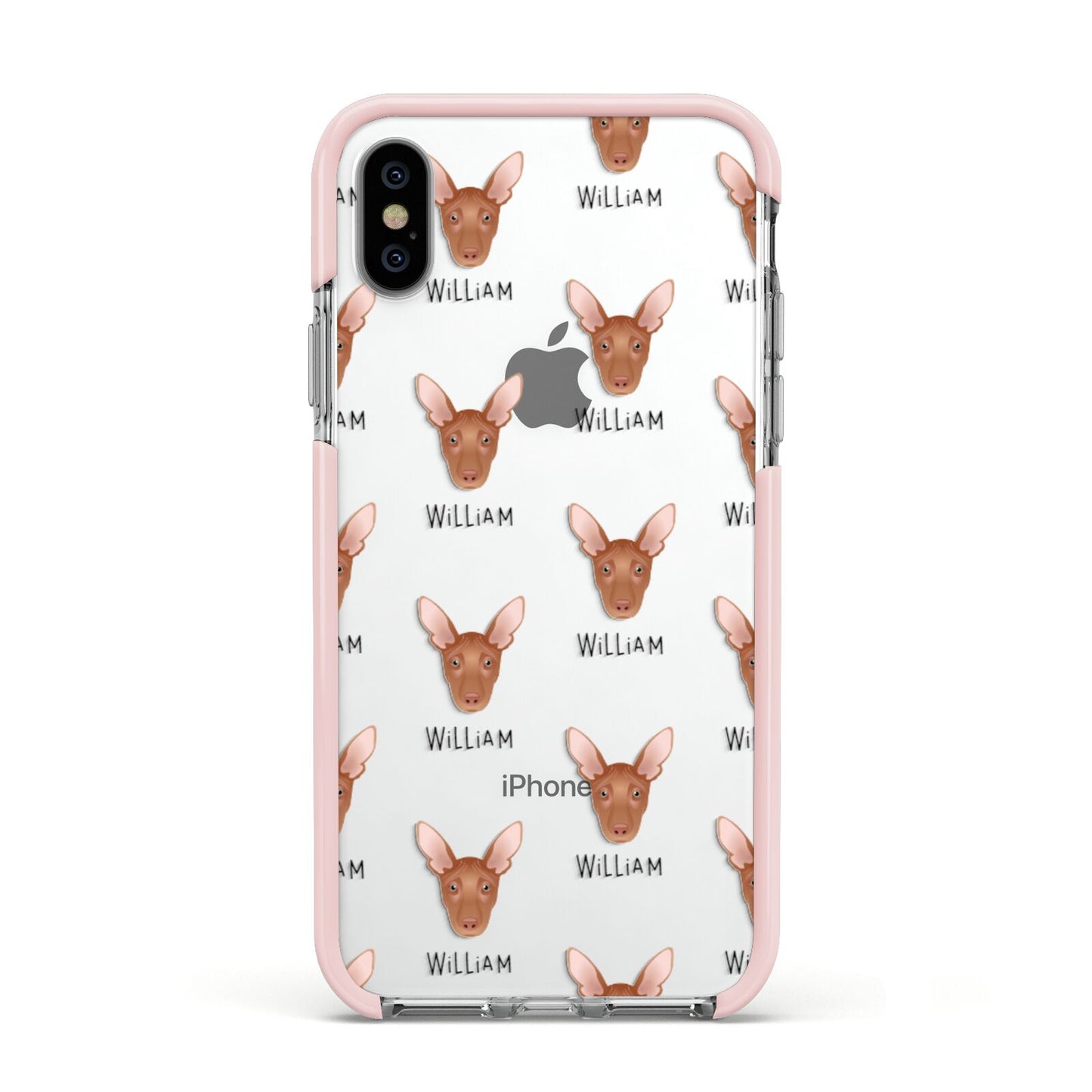 Pharaoh Hound Icon with Name Apple iPhone Xs Impact Case Pink Edge on Silver Phone