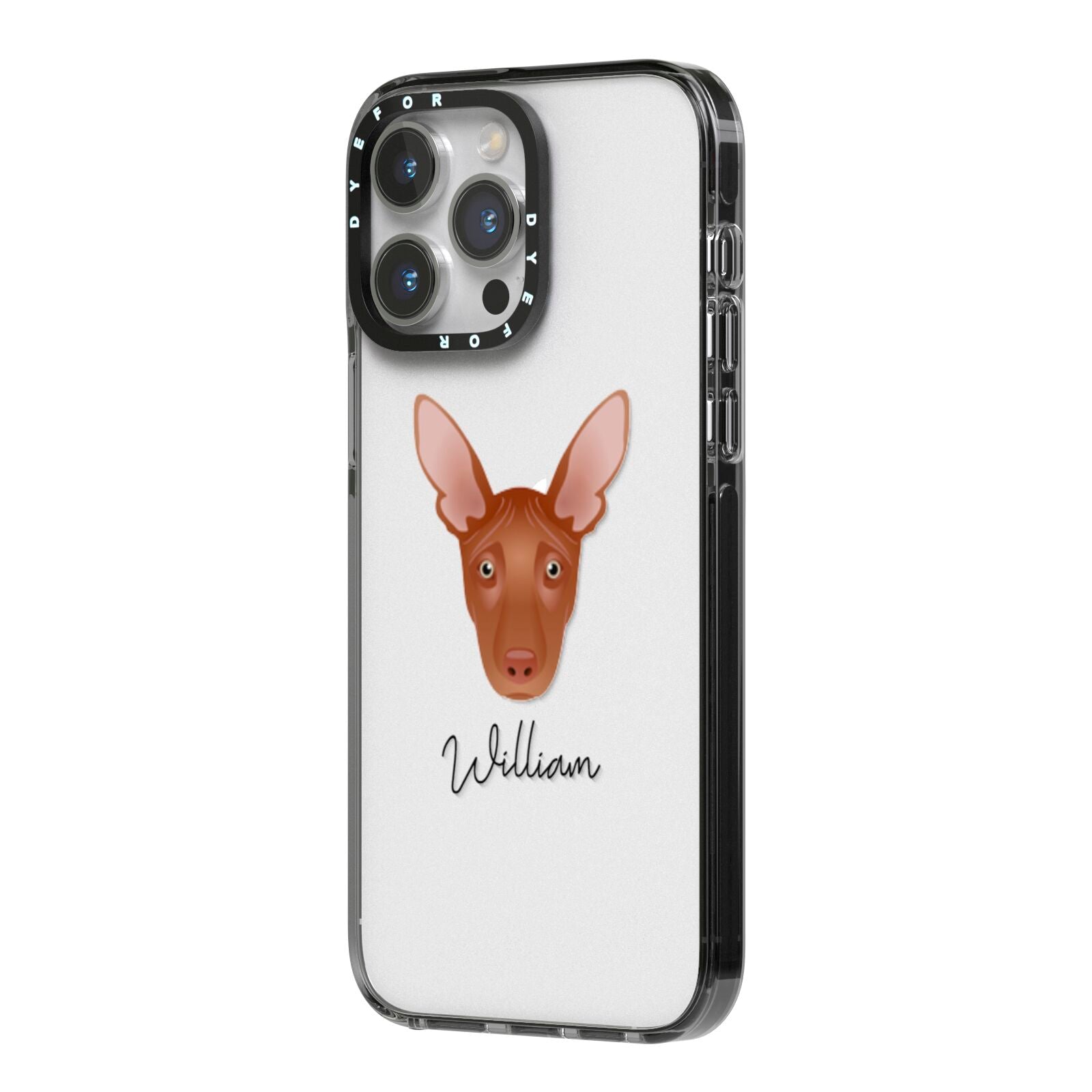 Pharaoh Hound Personalised iPhone 14 Pro Max Black Impact Case Side Angle on Silver phone