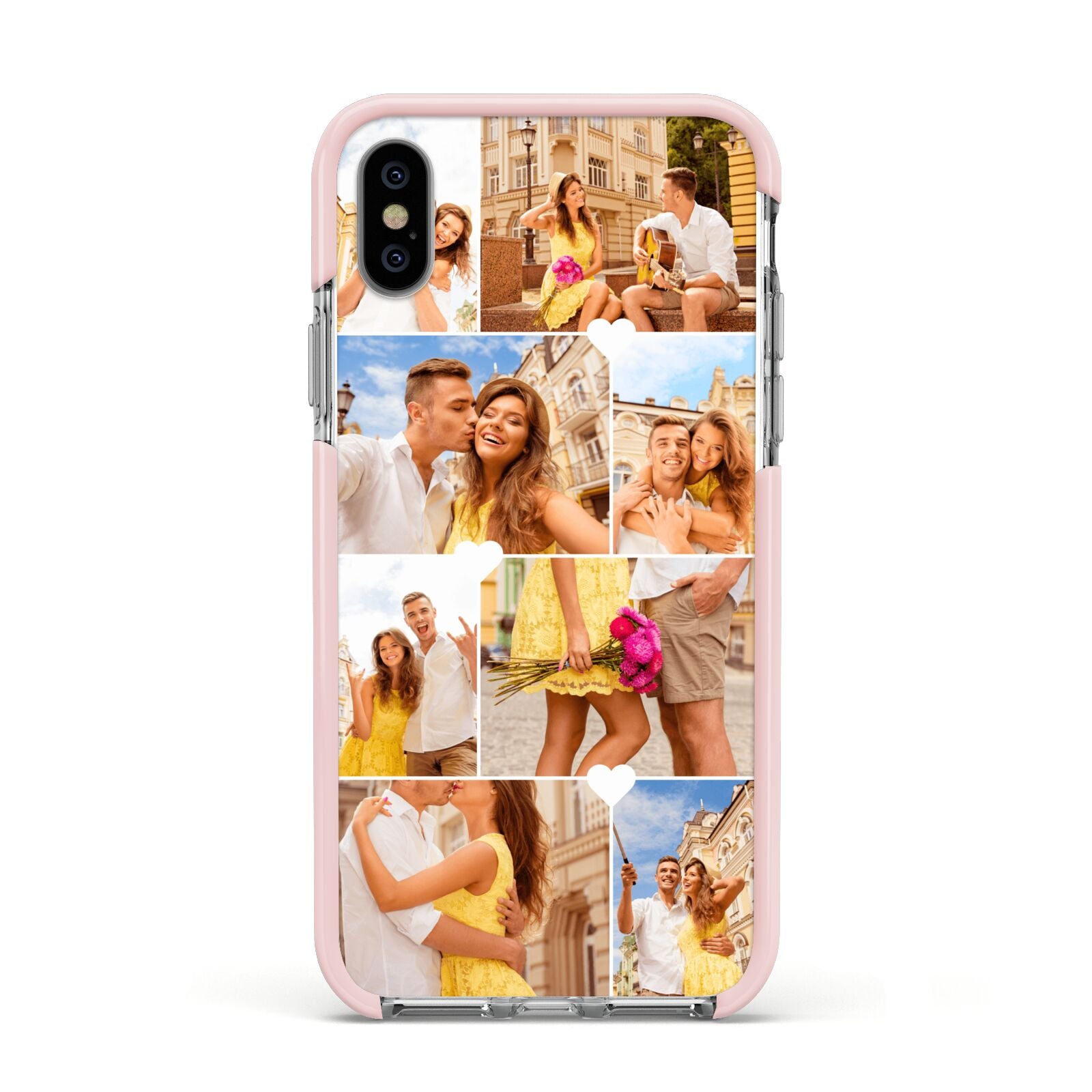 Photo Collage Heart Apple iPhone Xs Impact Case Pink Edge on Silver Phone