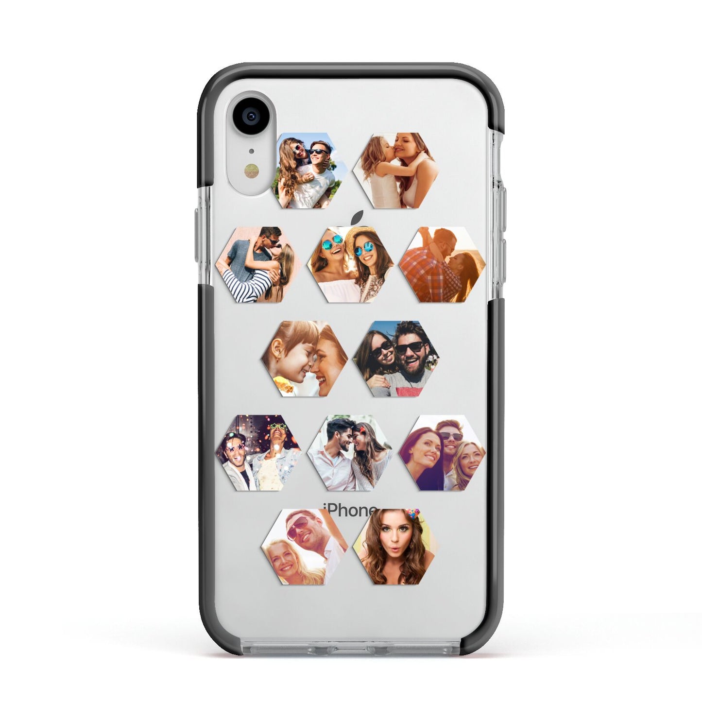 Photo Collage Hexagon Apple iPhone XR Impact Case Black Edge on Silver Phone