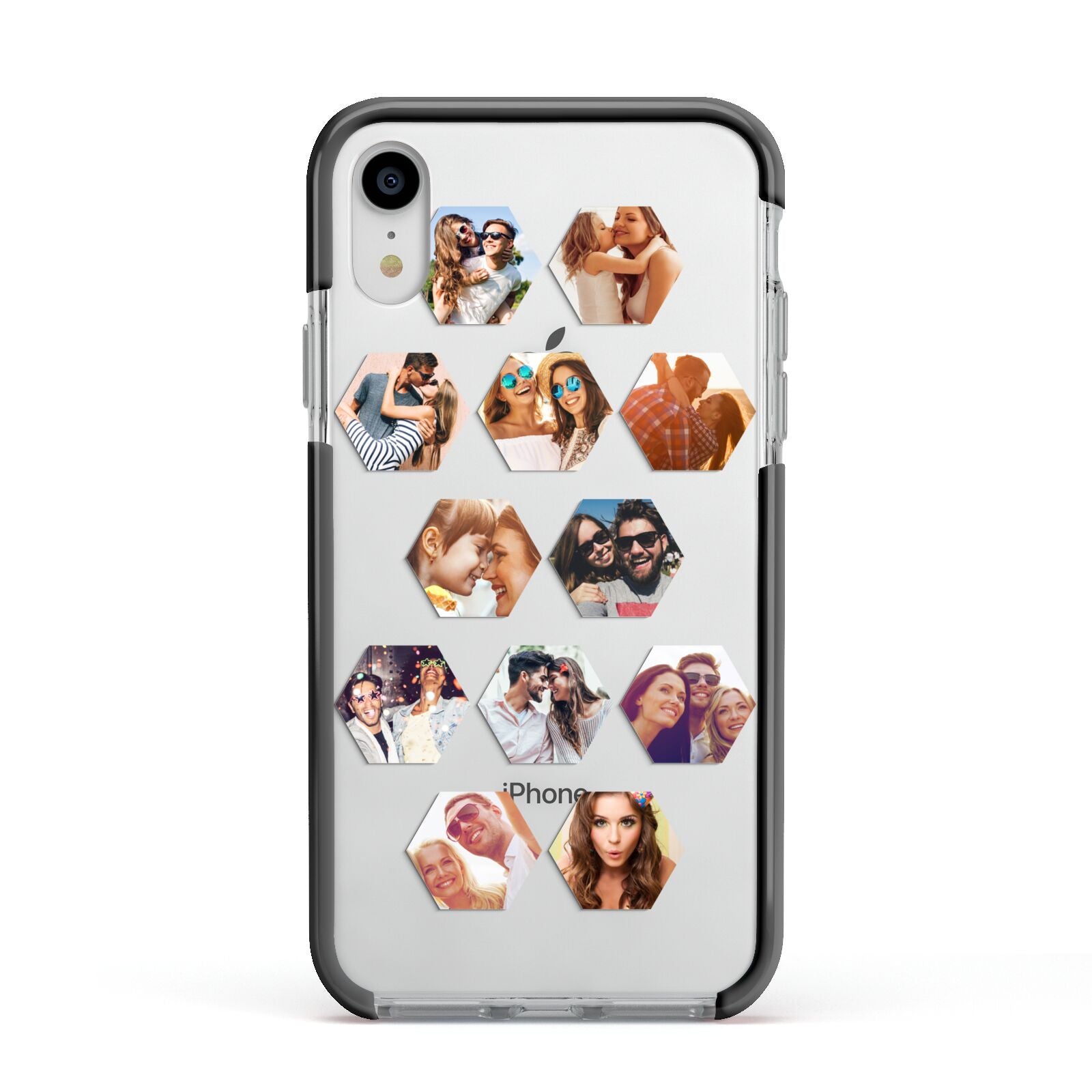 Photo Collage Hexagon Apple iPhone XR Impact Case Black Edge on Silver Phone