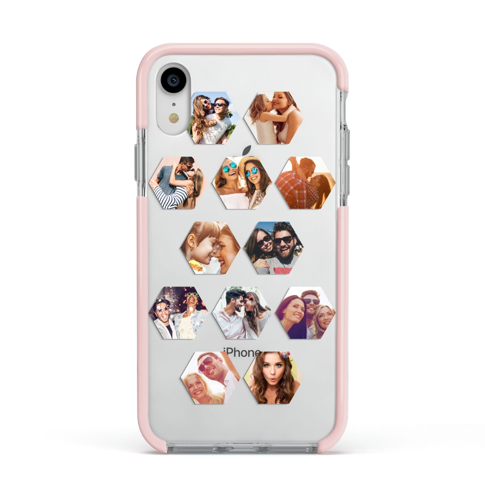 Photo Collage Hexagon Apple iPhone XR Impact Case Pink Edge on Silver Phone