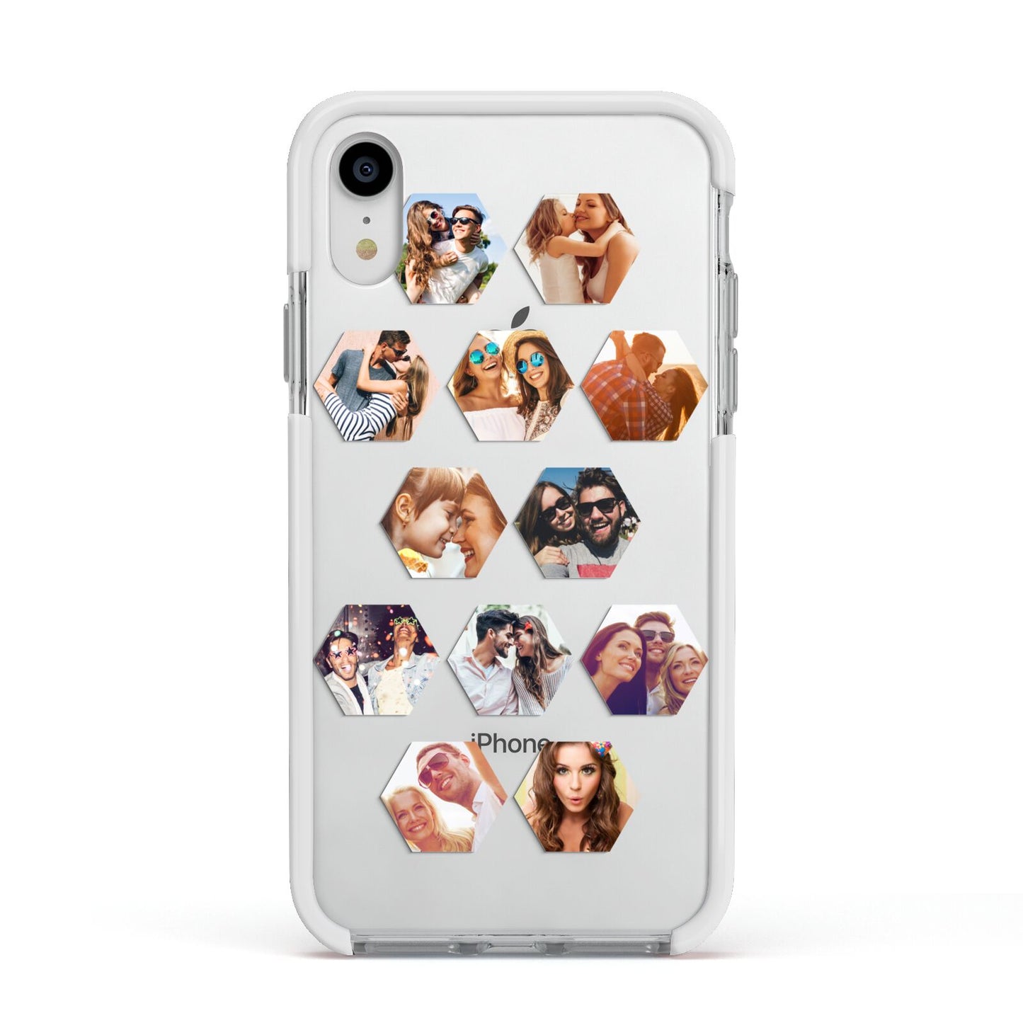 Photo Collage Hexagon Apple iPhone XR Impact Case White Edge on Silver Phone