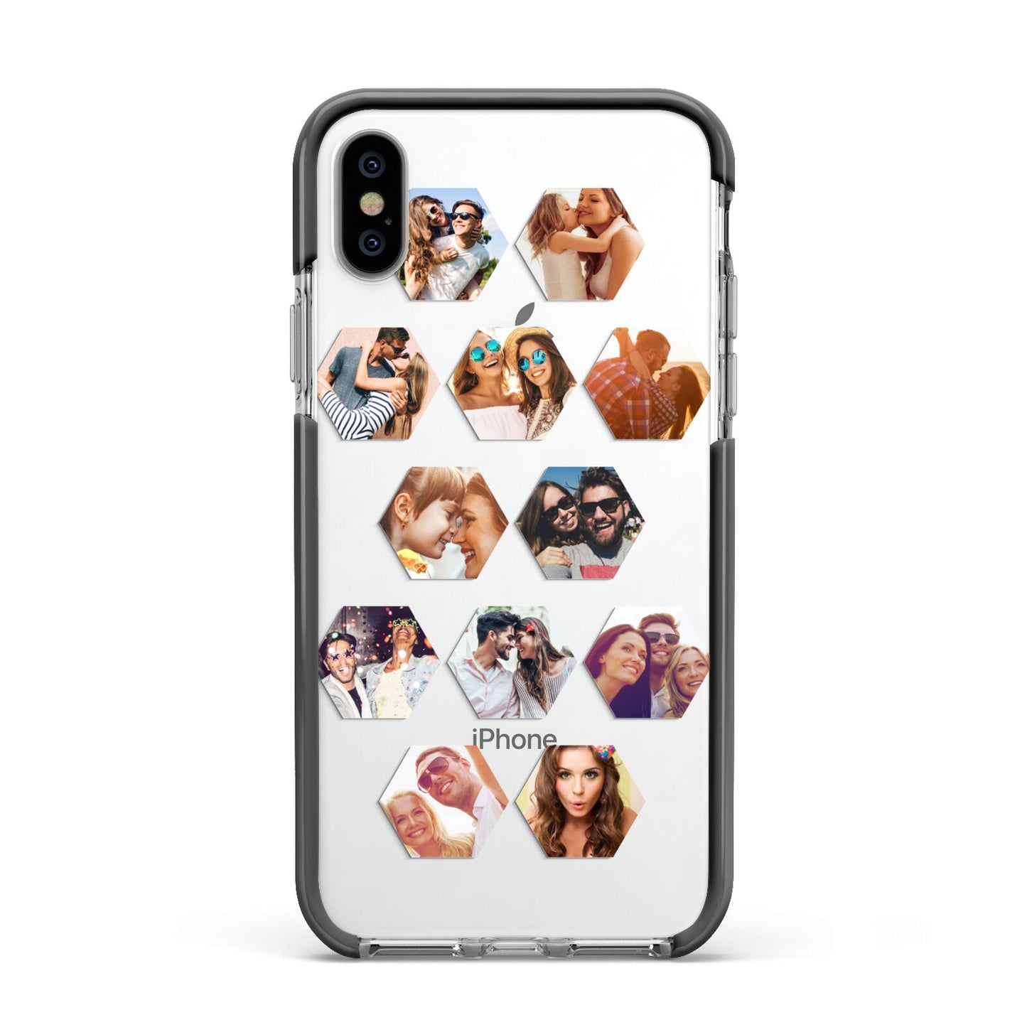Photo Collage Hexagon Apple iPhone Xs Impact Case Black Edge on Silver Phone