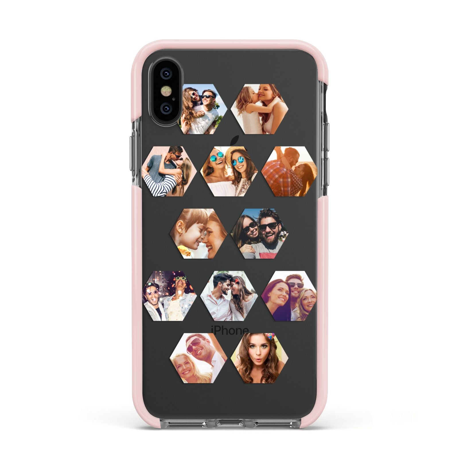 Photo Collage Hexagon Apple iPhone Xs Impact Case Pink Edge on Black Phone