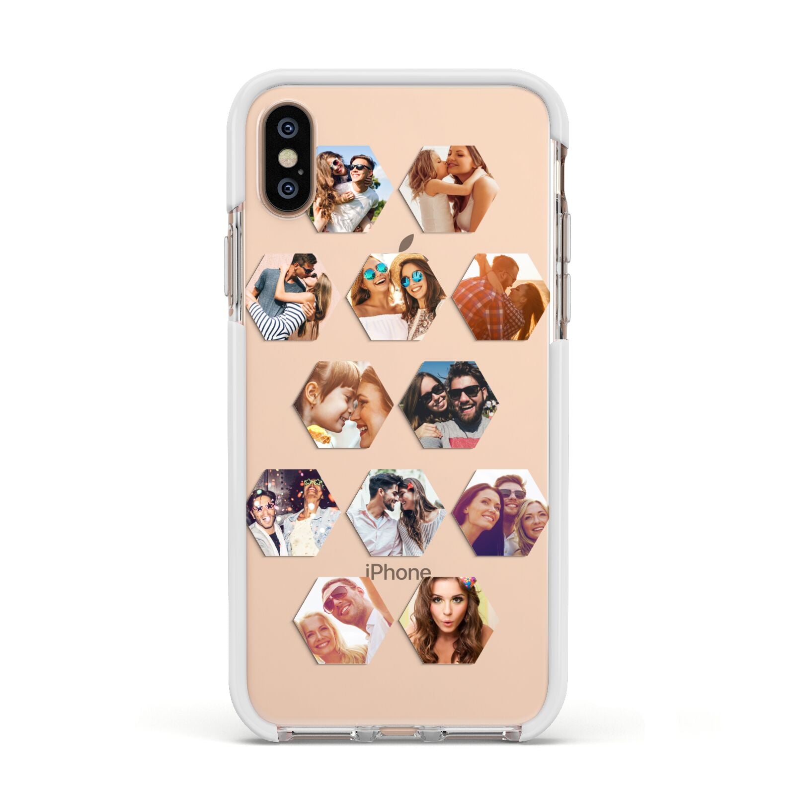 Photo Collage Hexagon Apple iPhone Xs Impact Case White Edge on Gold Phone