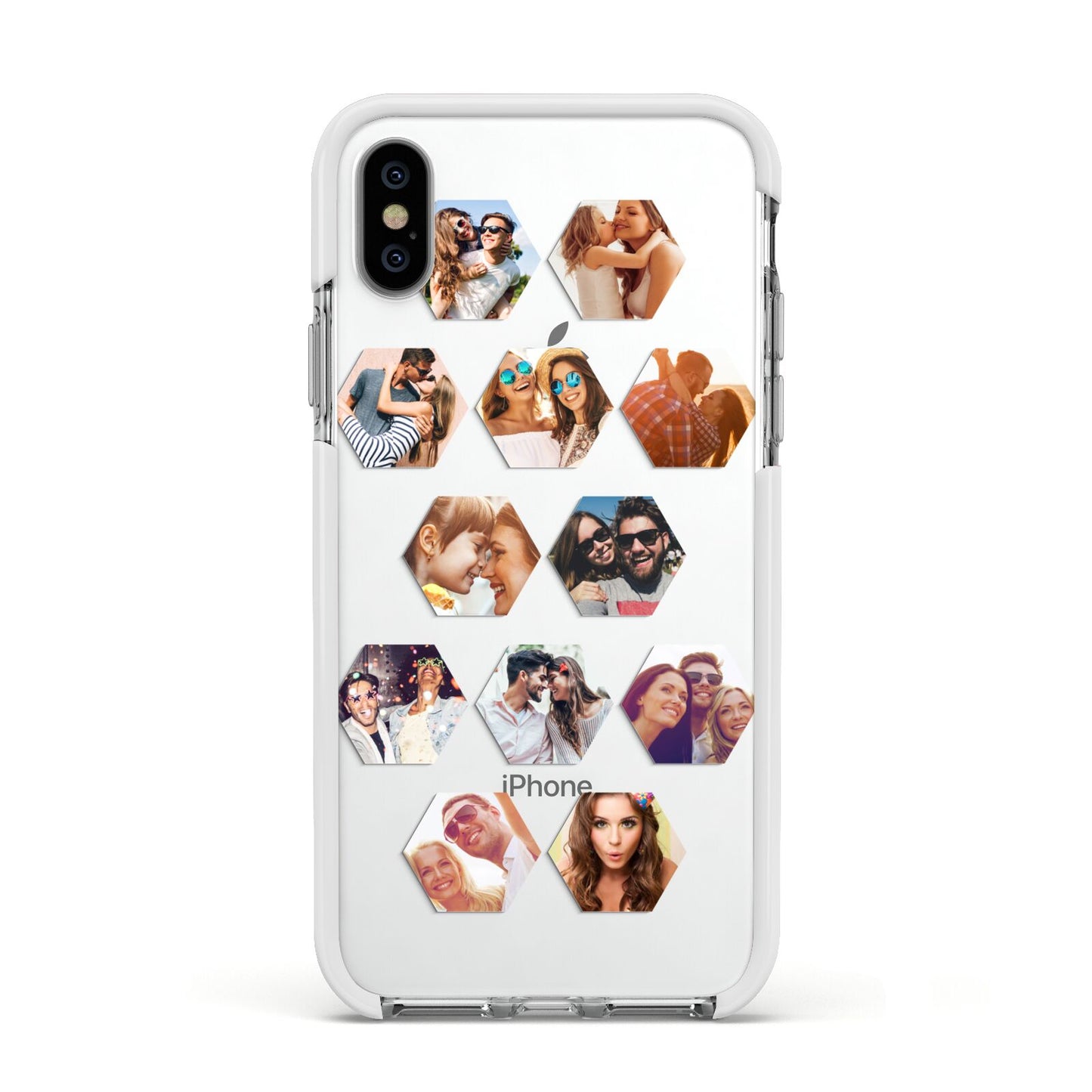 Photo Collage Hexagon Apple iPhone Xs Impact Case White Edge on Silver Phone