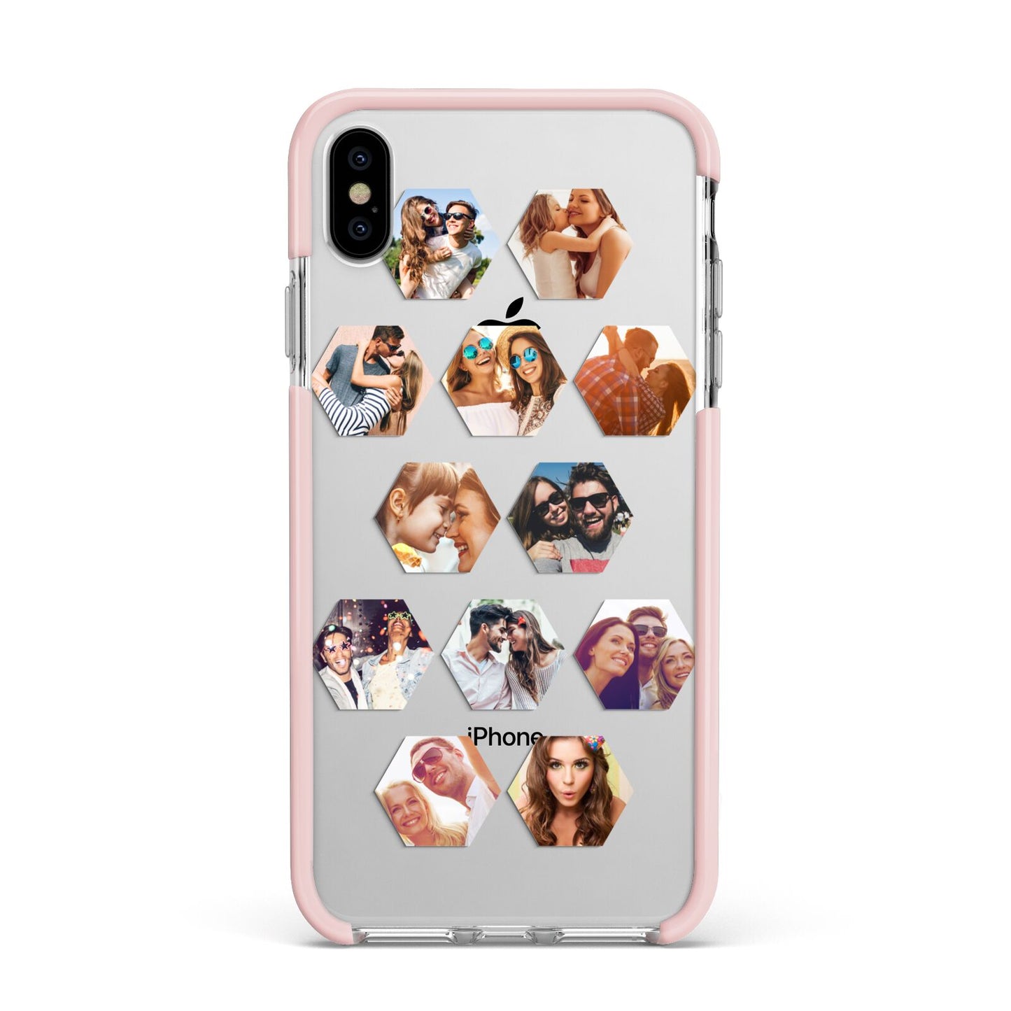 Photo Collage Hexagon Apple iPhone Xs Max Impact Case Pink Edge on Silver Phone
