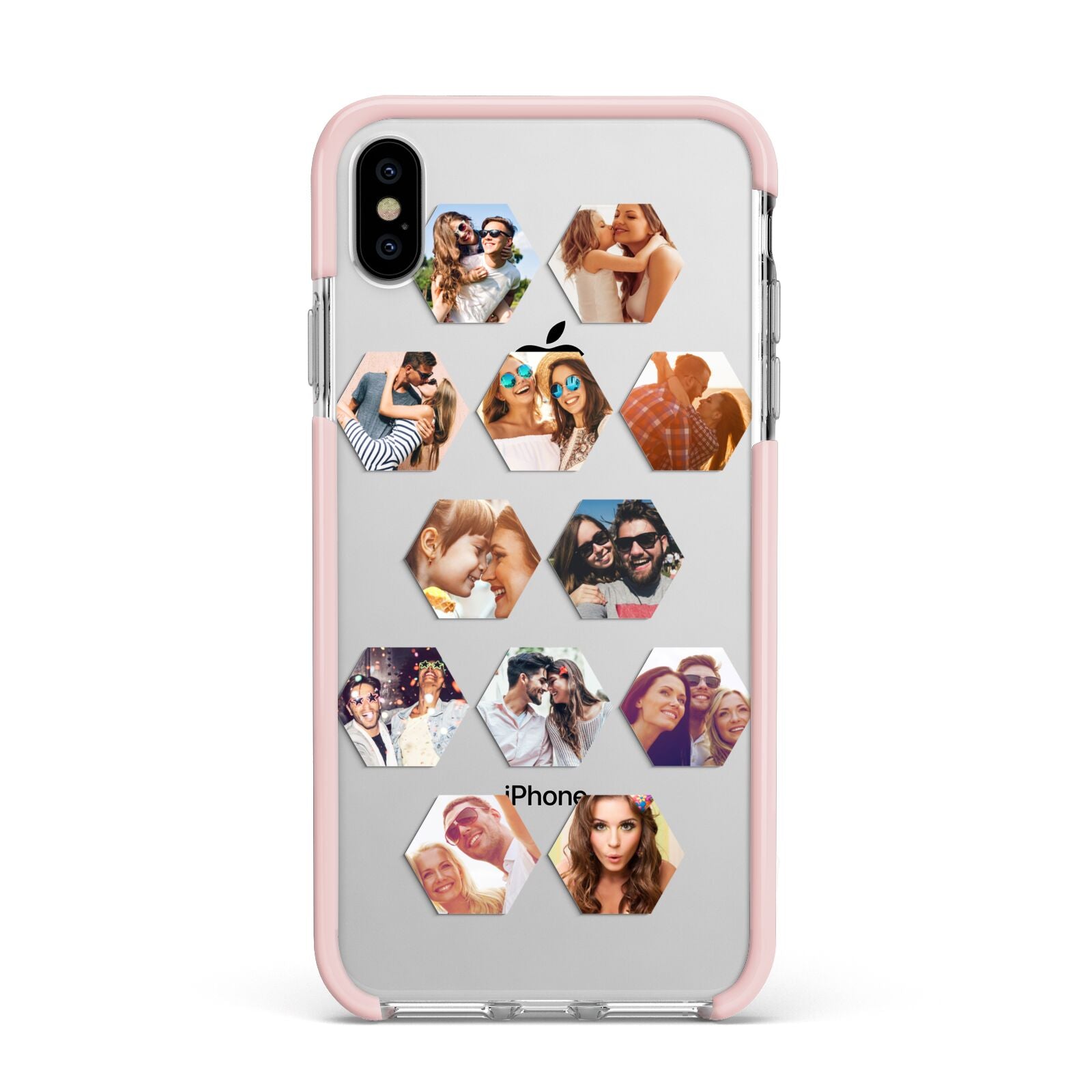 Photo Collage Hexagon Apple iPhone Xs Max Impact Case Pink Edge on Silver Phone