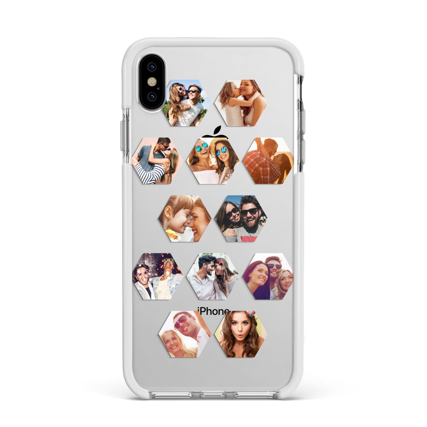 Photo Collage Hexagon Apple iPhone Xs Max Impact Case White Edge on Silver Phone