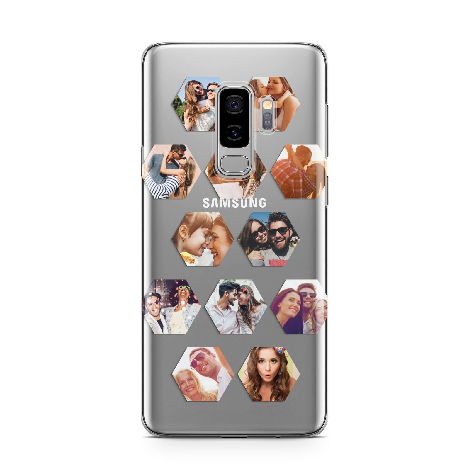 Photo Collage Hexagon Samsung Galaxy S9 Plus Case on Silver phone