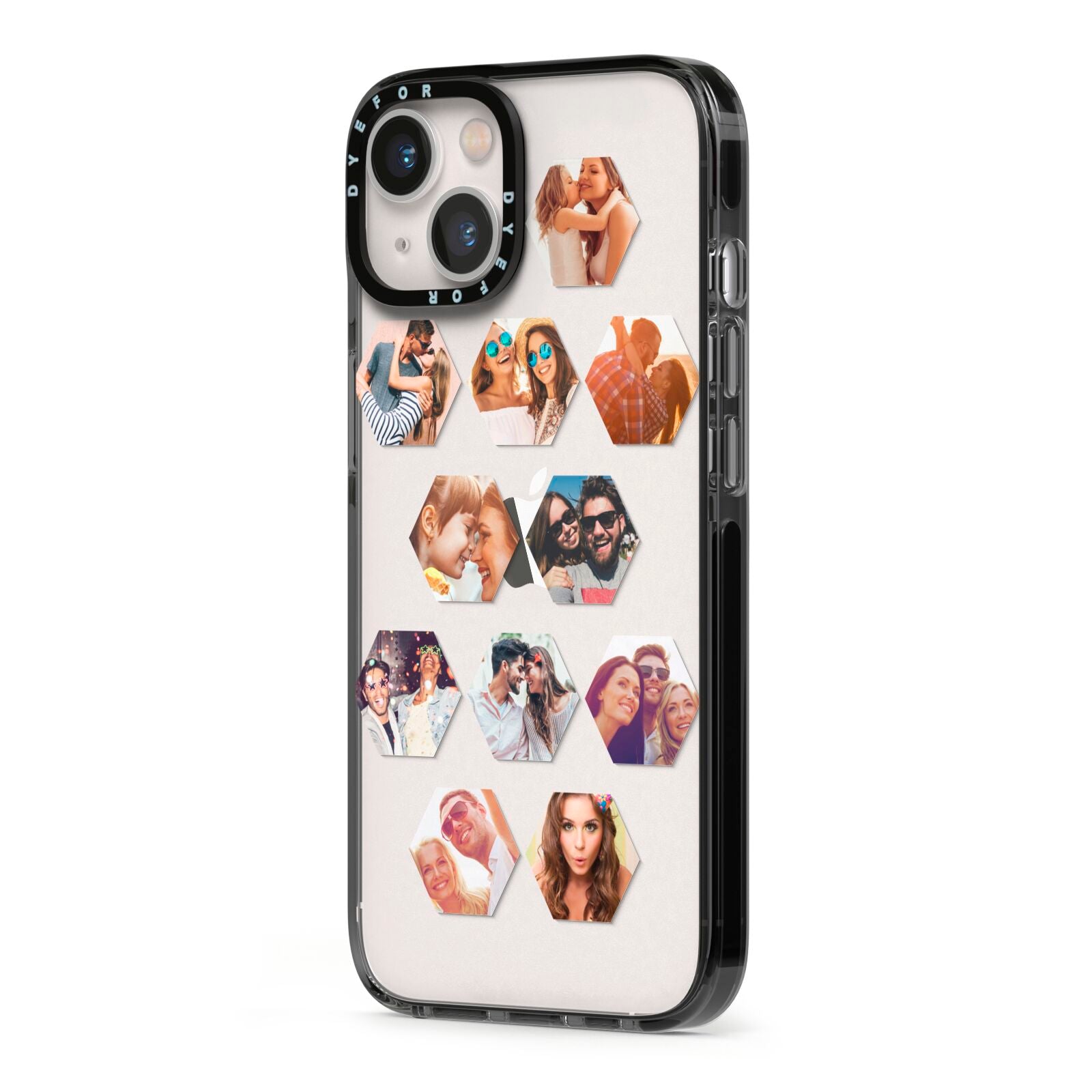 Photo Collage Hexagon iPhone 13 Black Impact Case Side Angle on Silver phone