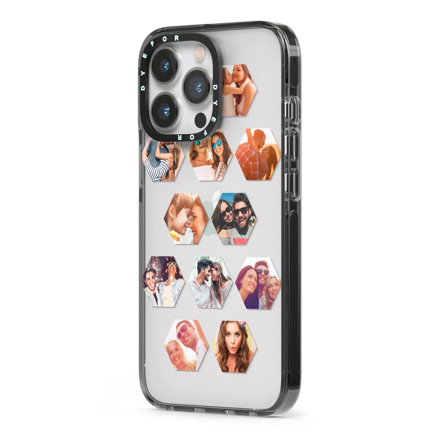 Photo Collage Hexagon iPhone 13 Pro Black Impact Case Side Angle on Silver phone